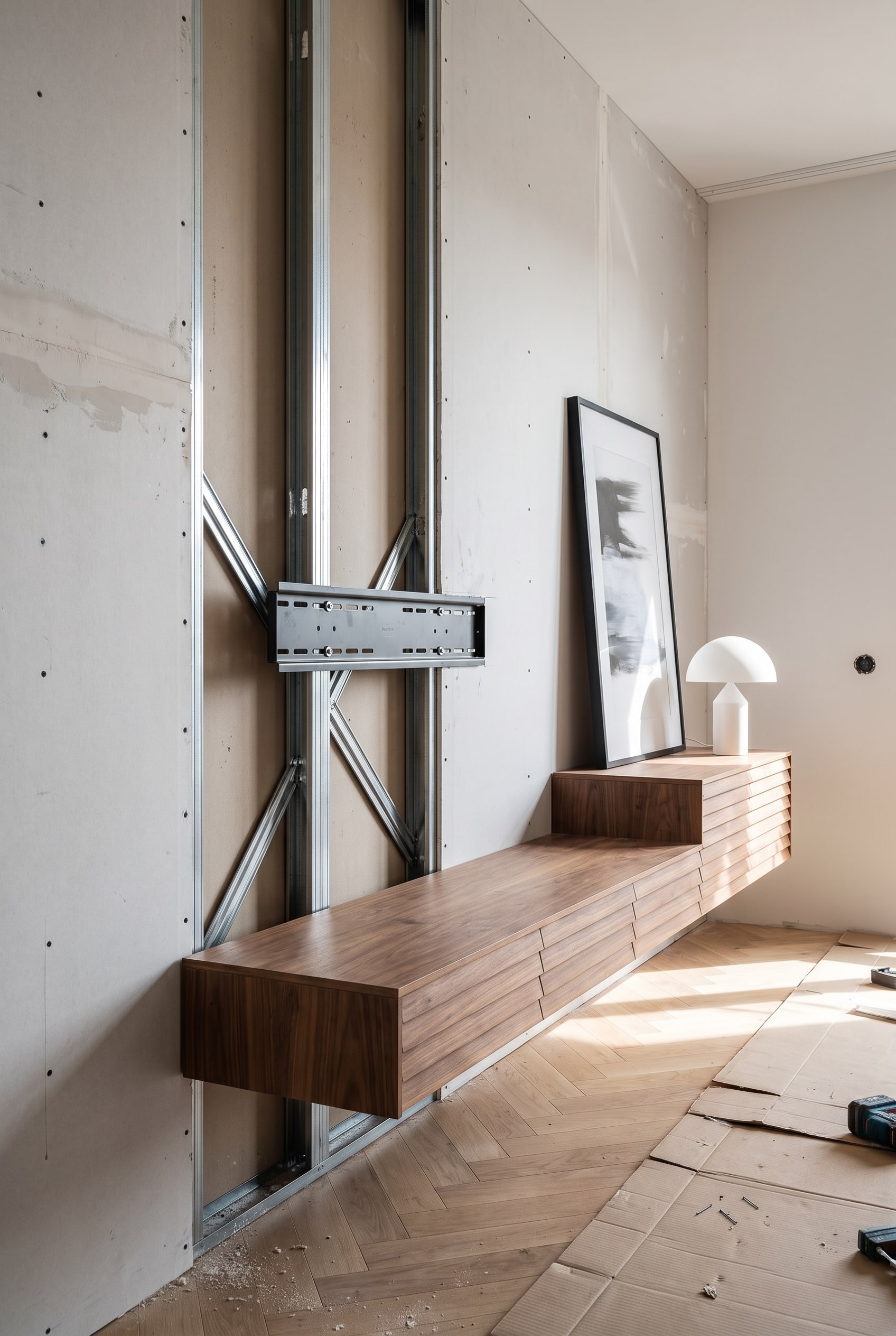 Blick auf das metallene Ständerwerk einer halboffenen Trockenbauwand, an der ein massiver Befestigungswinkel für ein schwebendes Lowboard angebracht wird.