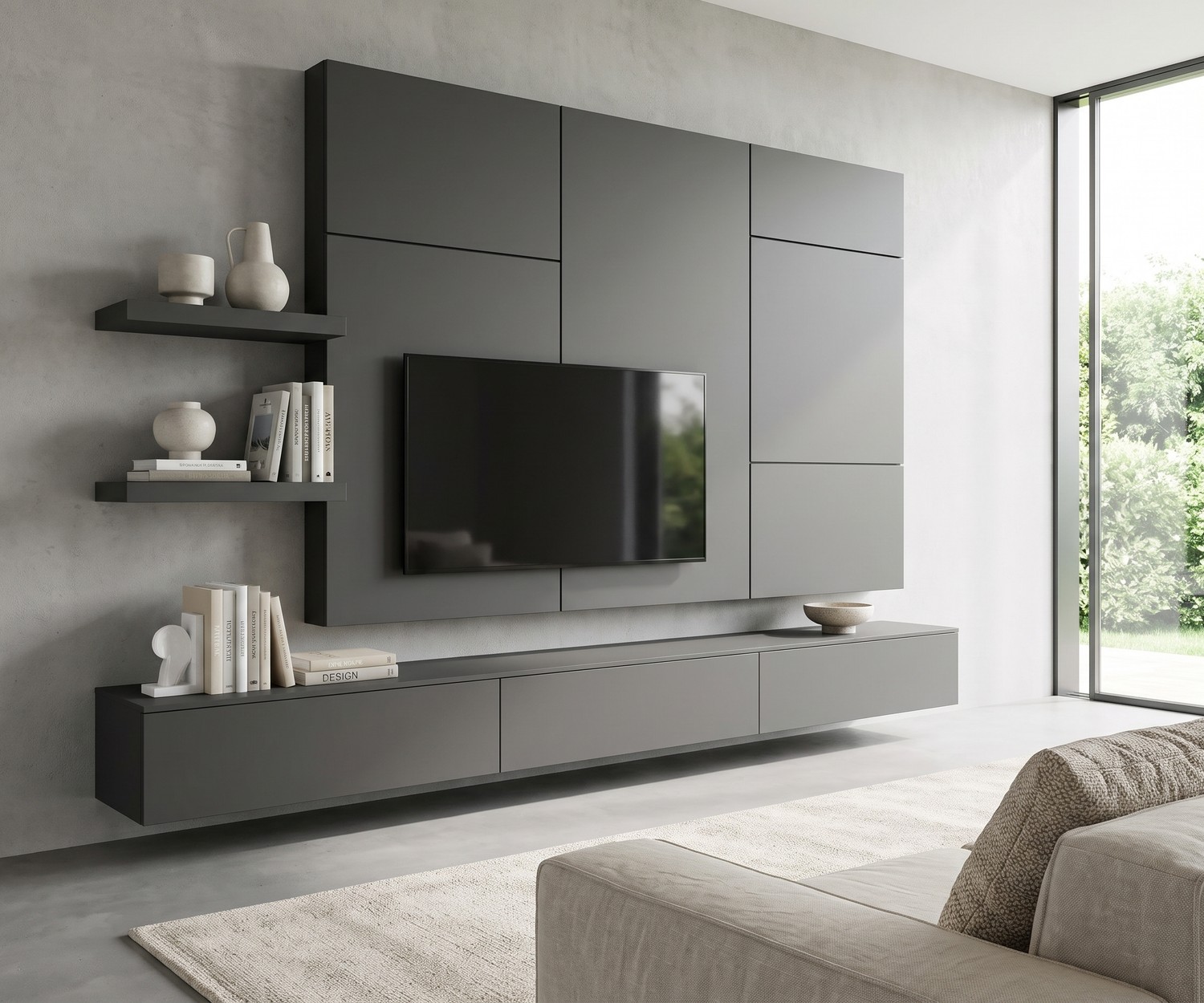 Livitalia C102 TV wall unit with floating lowboard and TV panel. Modern dark grey living room wall entertainment unit.