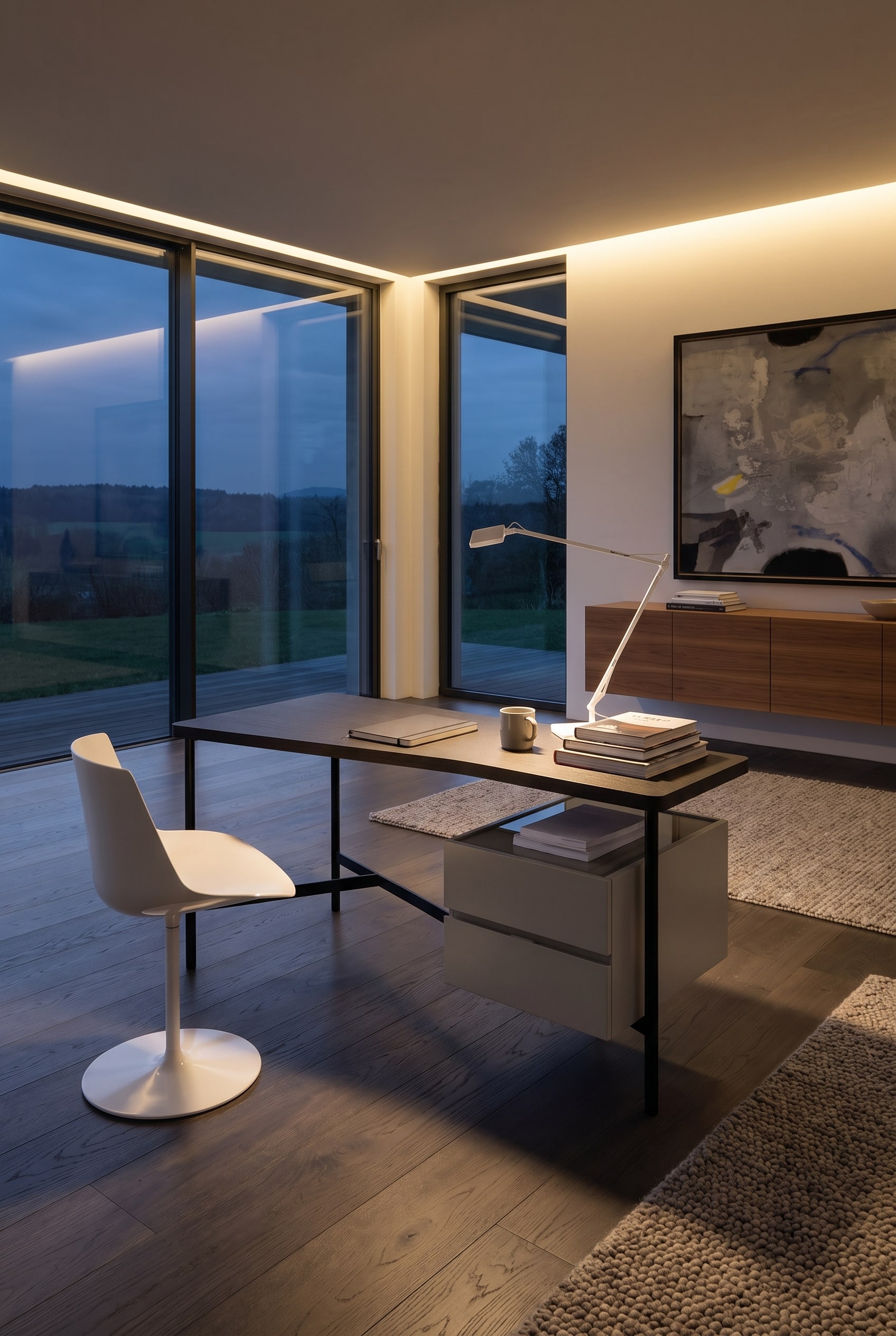 Minimalistische studeerkamer met een extreem plat mat gelakt bureau, een lederen stoel en een enkele keramische kop voor kamerhoge ramen.