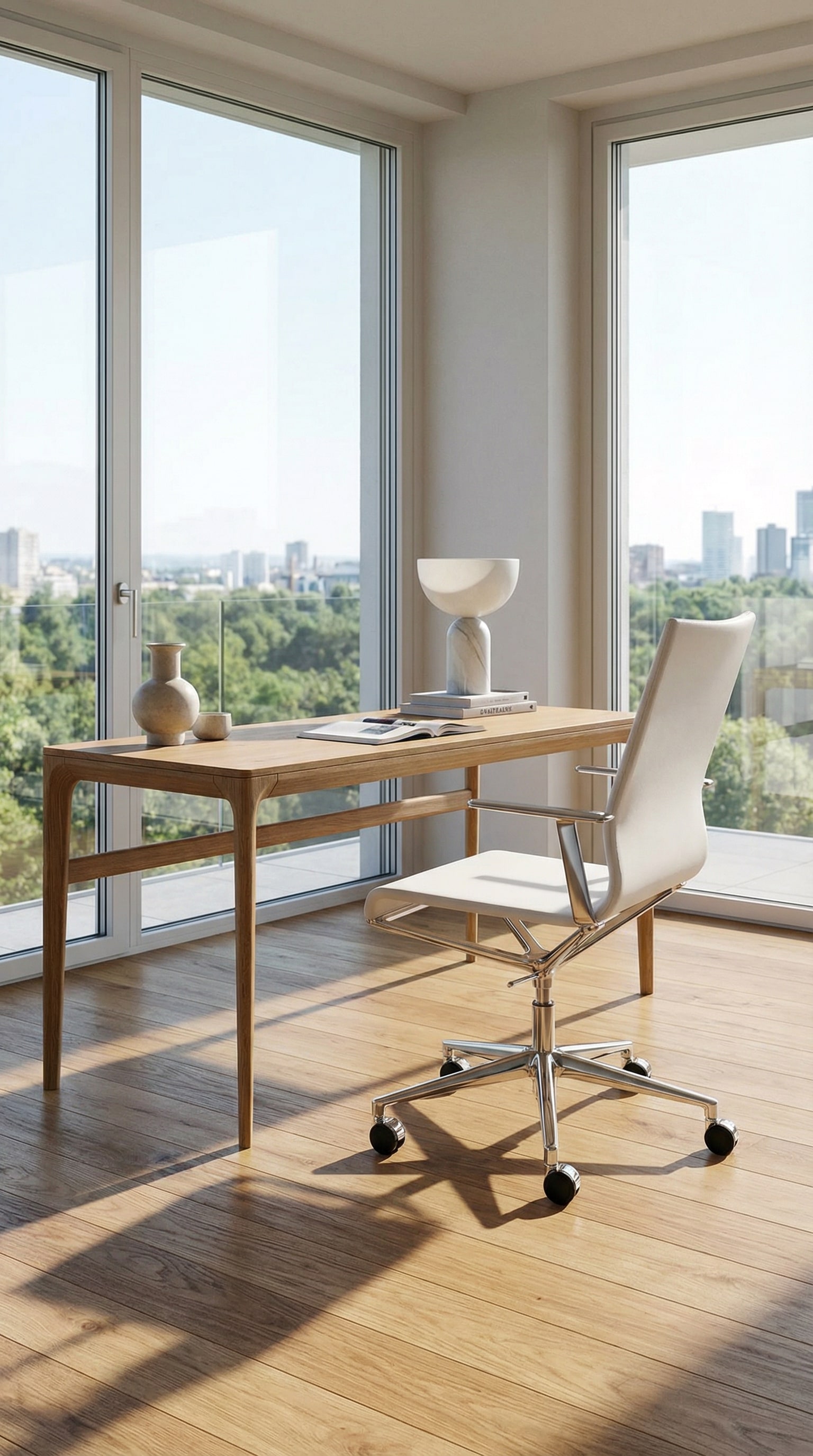 Der filigrane ICF Stick ETK Bürostuhl in einem minimalistisch eingerichteten Home Office Bereich mit Eichenparkett Der filigrane ICF Stick ETK Bürostuhl in einem minimalistisch eingerichteten Home Office Bereich mit Eichenparkett