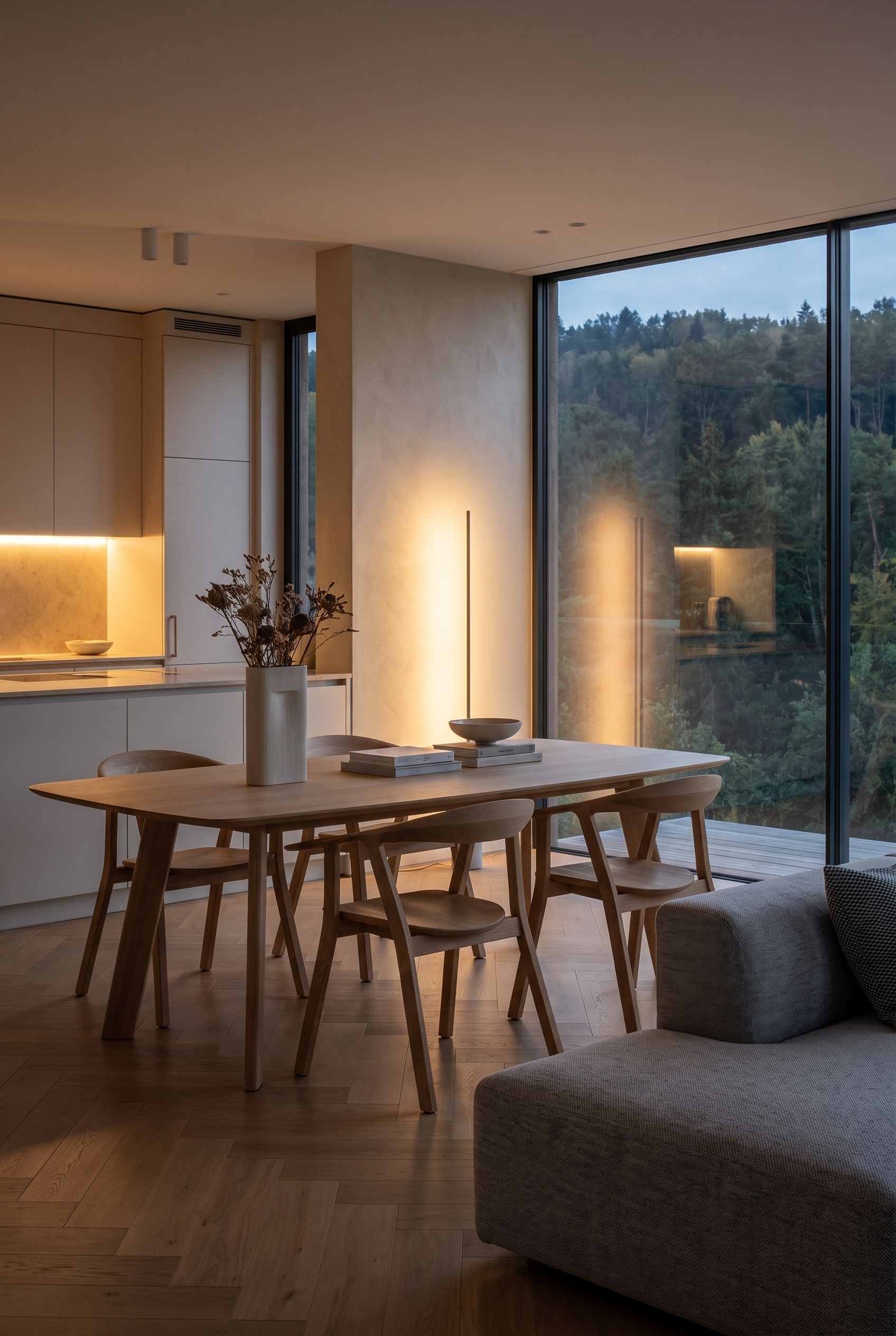 Sala da pranzo luminosa con un tavolo in legno massello con bordo sottile a 'bordo svizzero' e tre sedie in legno