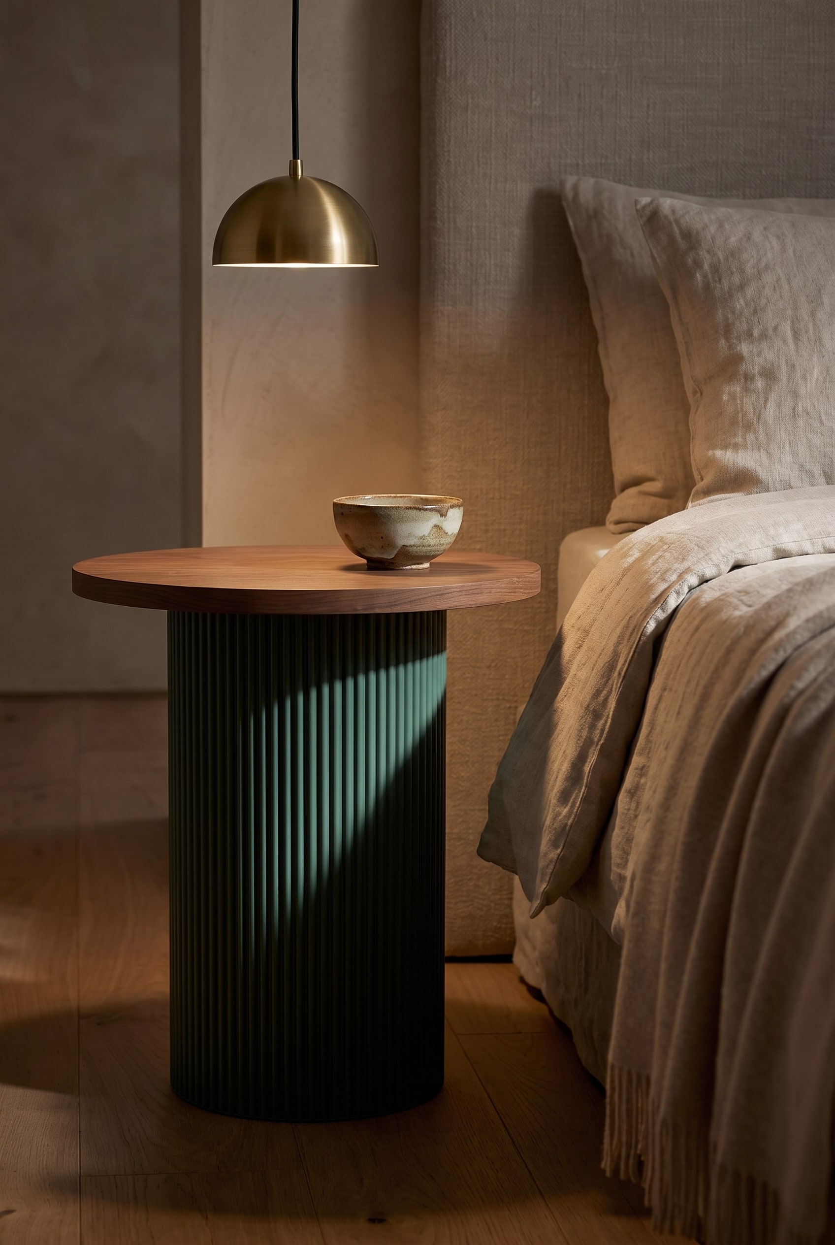 Kunstzinnig ingerichte slaapkamer met de Punt Dune Bijzettafel, waarvan de opvallende ribbelstructuur wordt verlicht door een hanglamp