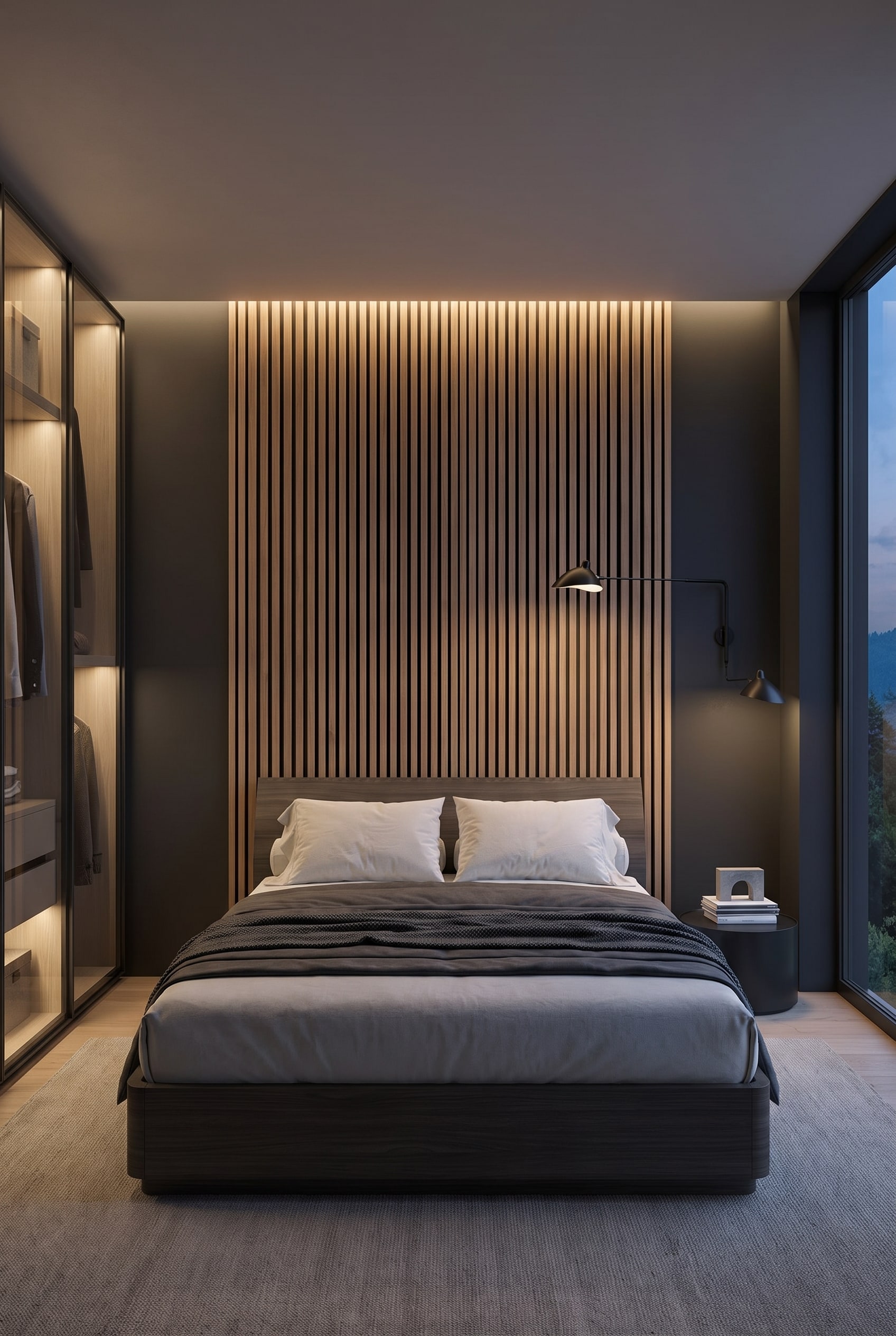 Pannelli acustici in legno centrati dietro un letto con due comodini minimalisti in un'elegante camera da letto