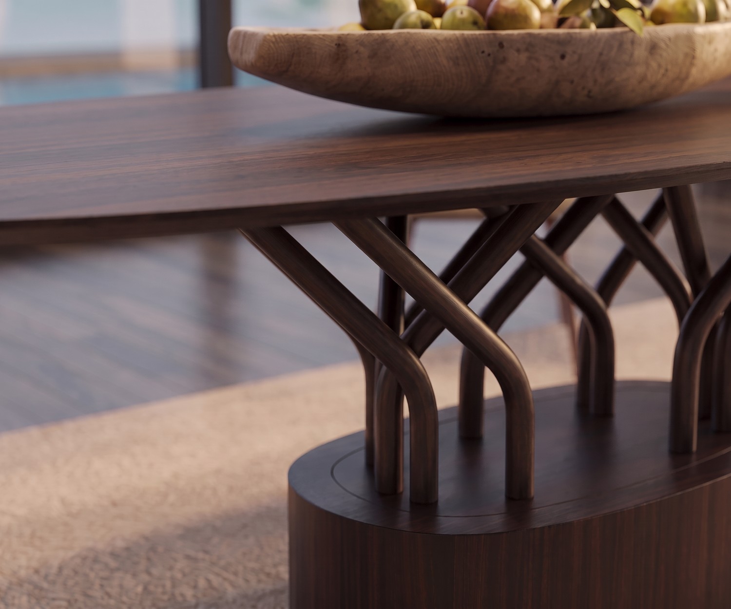 Design Esstisch wood-oo 001 a für das Esszimmer aus dunklem Furnierholz mit geschwungenem Fuß im modernen Stil.