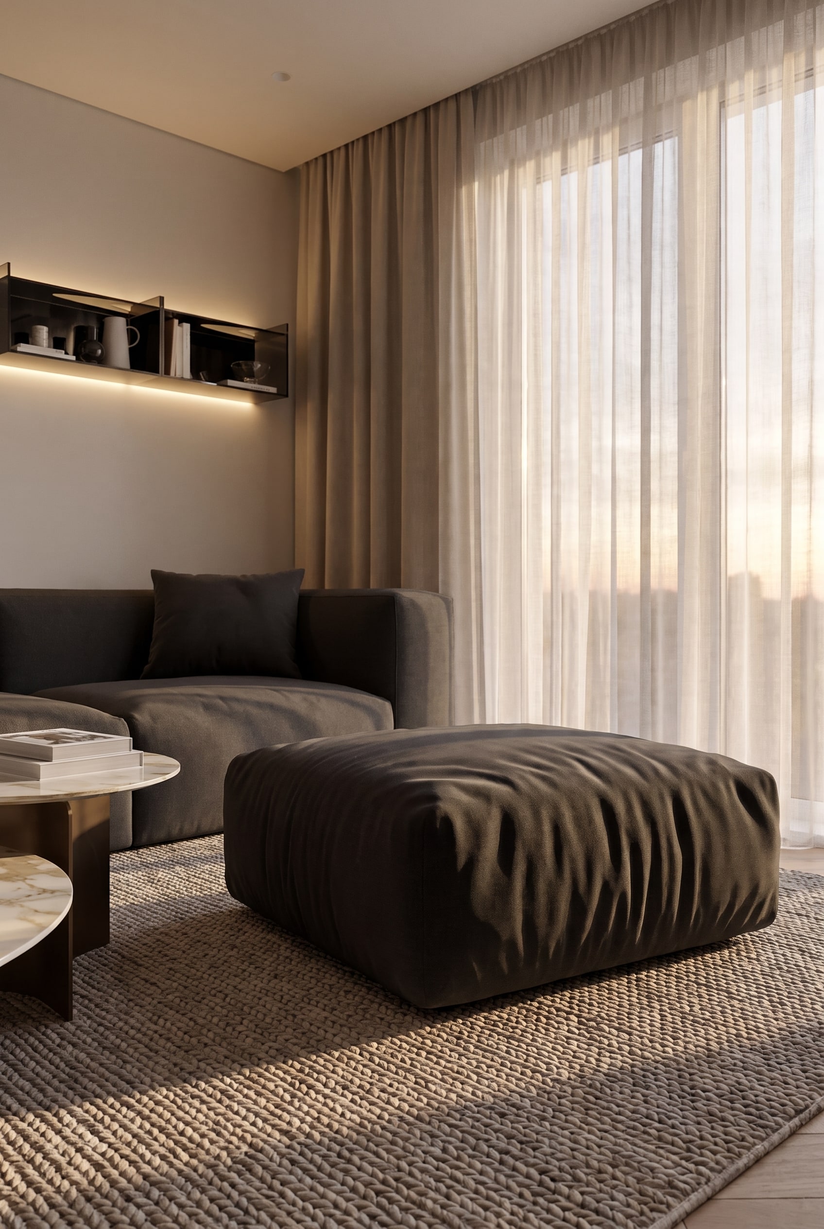 Living area with large windows and a voluminous, cushion-like fabric pouf in dark grey, placed on a soft rug.