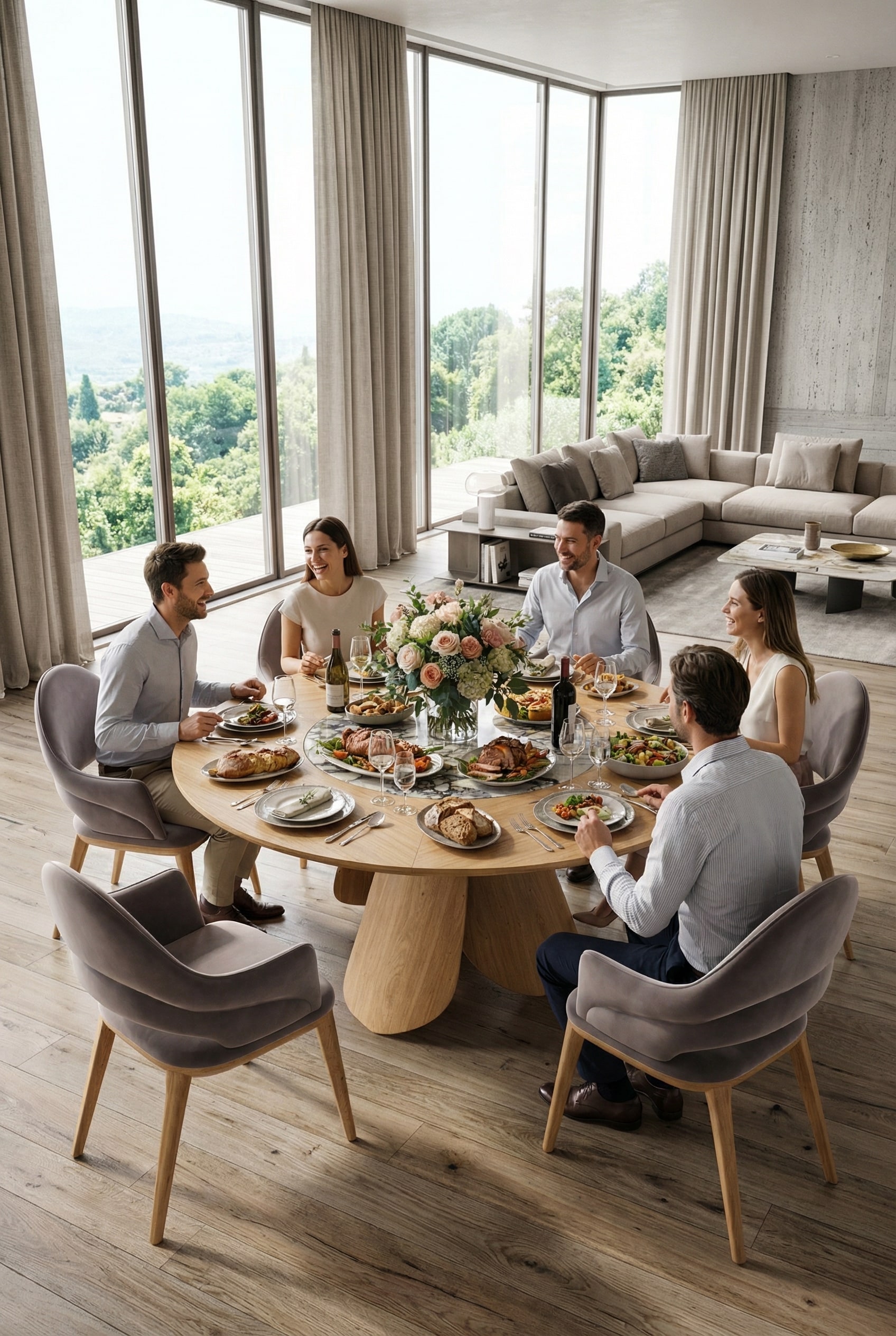 Round wooden dining table Ozzio Veliero in a modern dining room Round wooden dining table Ozzio Veliero in a modern dining room