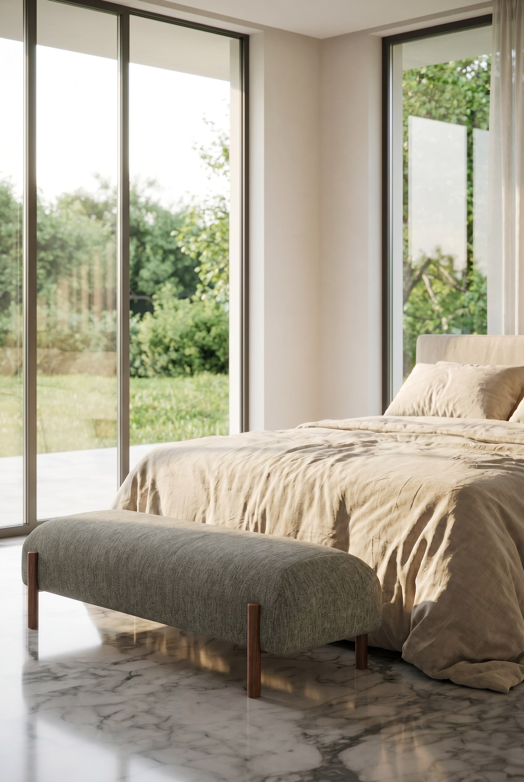 Beigekleurige, organisch gevormde zitbank aan het voeteneinde van een bed in een minimalistische, lichtdoorstroomde slaapkamer