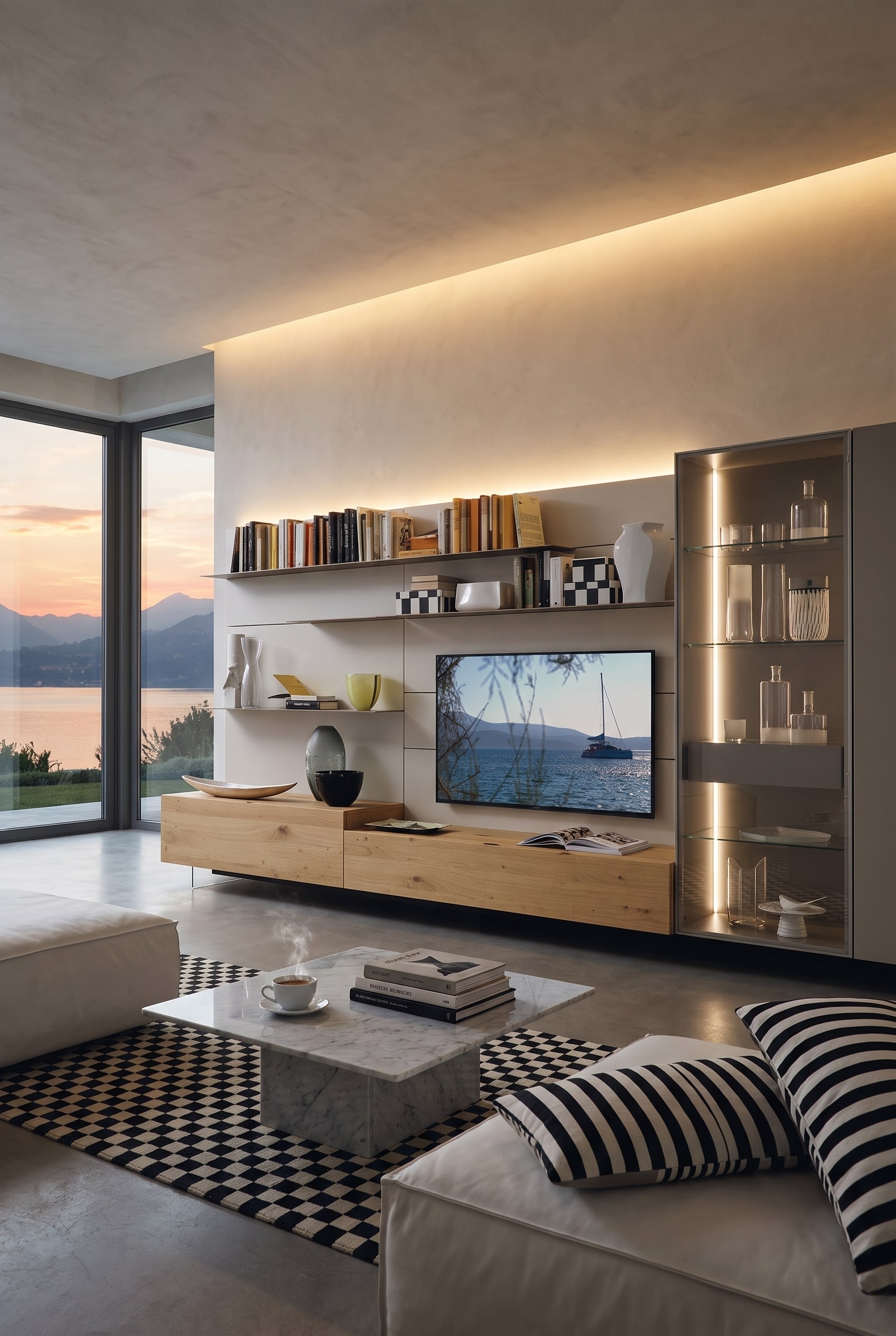 Wohnzimmerwand mit einer asymmetrisch arrangierten Wohnwand aus geschlossenen Schränken, offenen Regalen und seitlich versetztem Fernseher