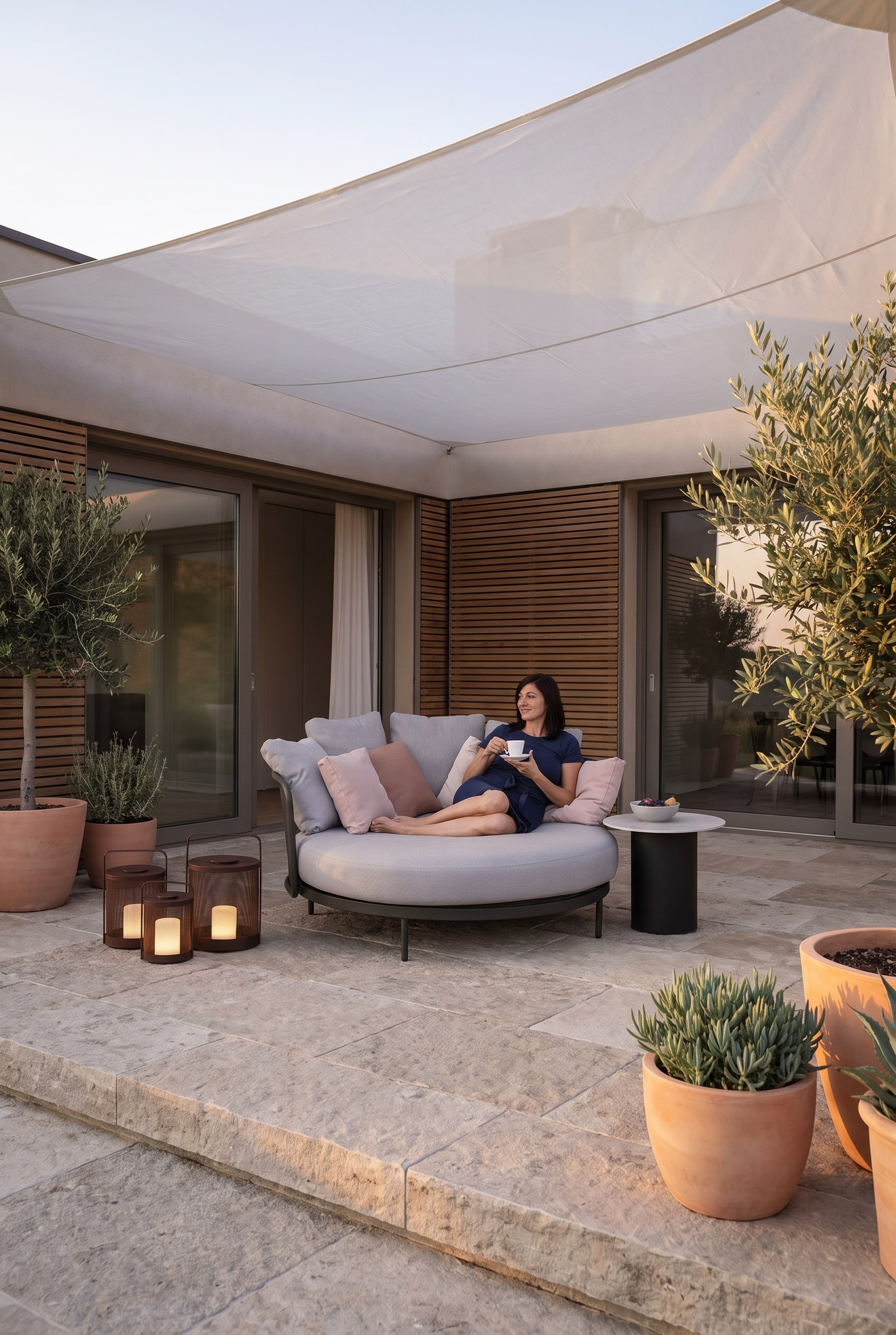 Terrazza soleggiata in pietra naturale con un daybed lounge rotondo grigio chiaro, generosamente posizionato all'ombra di una vela parasole bianca