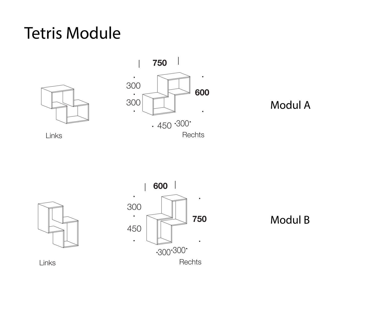 Livitalia Tetris Regal Module A und B Skizze Maße