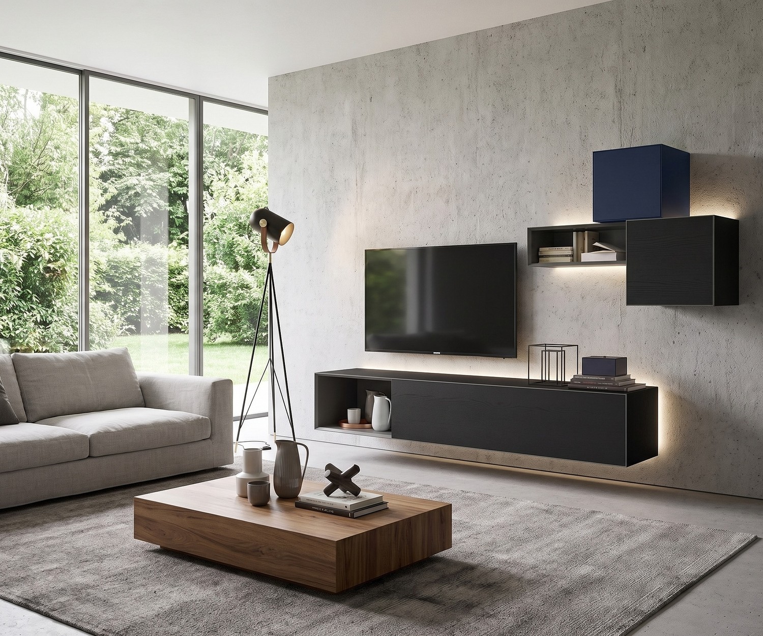 Livitalia Minimal TV-Lowboard hängend in Eiche Dunkel für ein modernes Wohnzimmer mit LED-Beleuchtung.