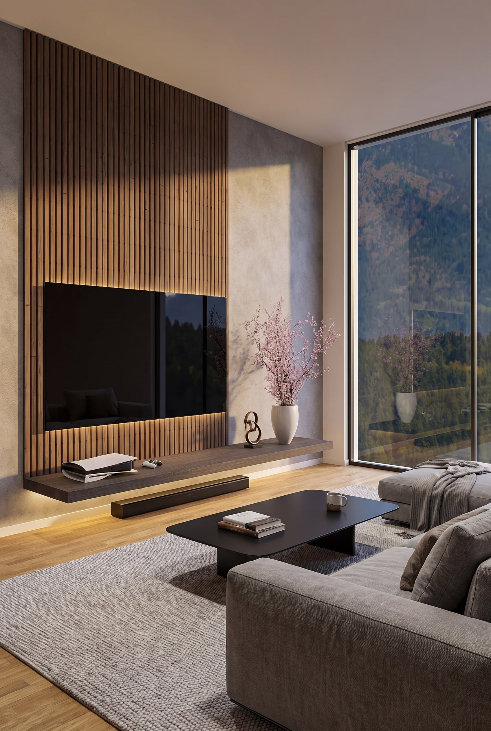 Minimalistische eikenhouten lamellenwand in de woonkamer met een filigrane wandplank en een daarop geplaatste soundbar