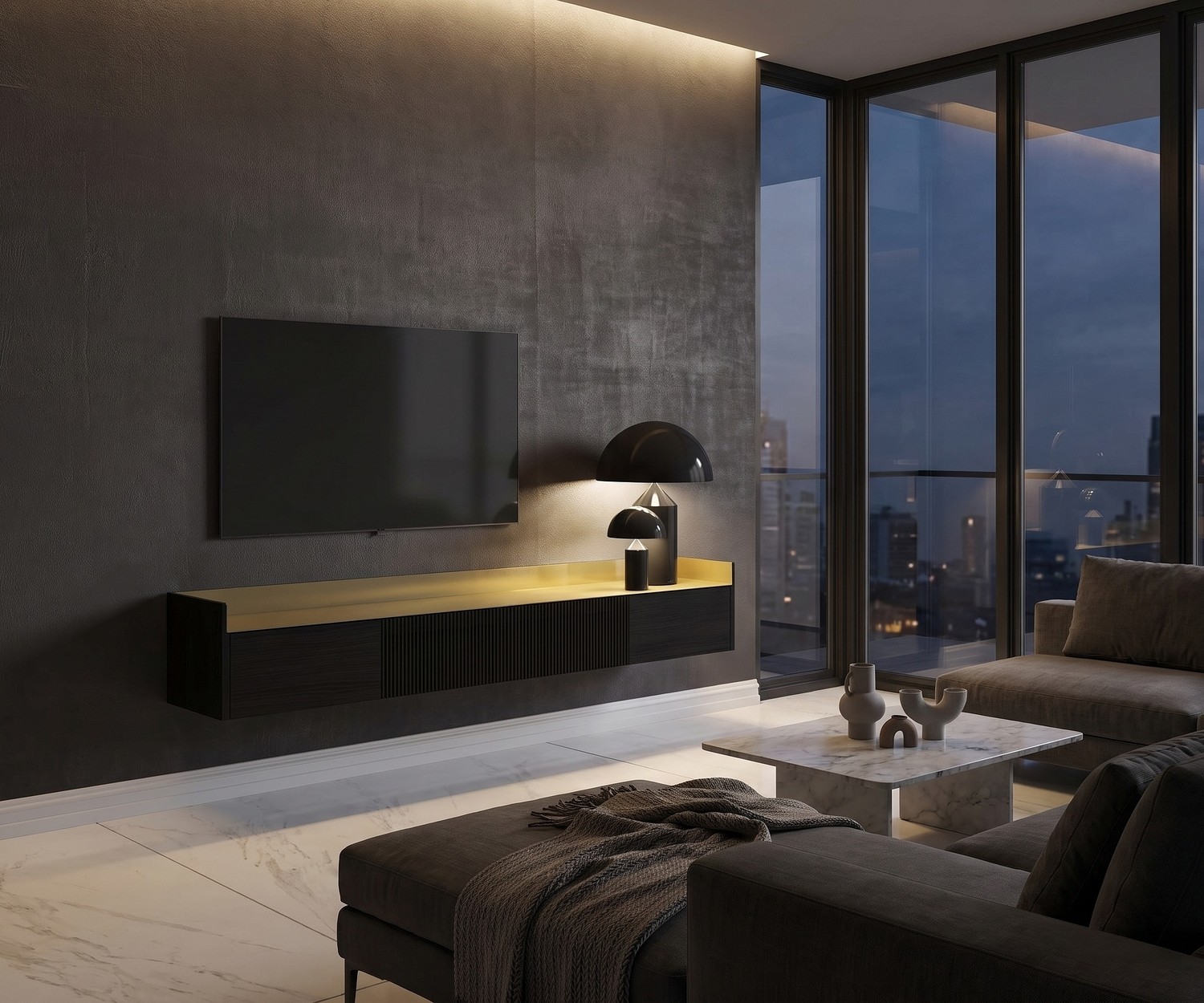 Punt Stockholm Slim floating TV sideboard in wood with brass top in a modern concrete living room.