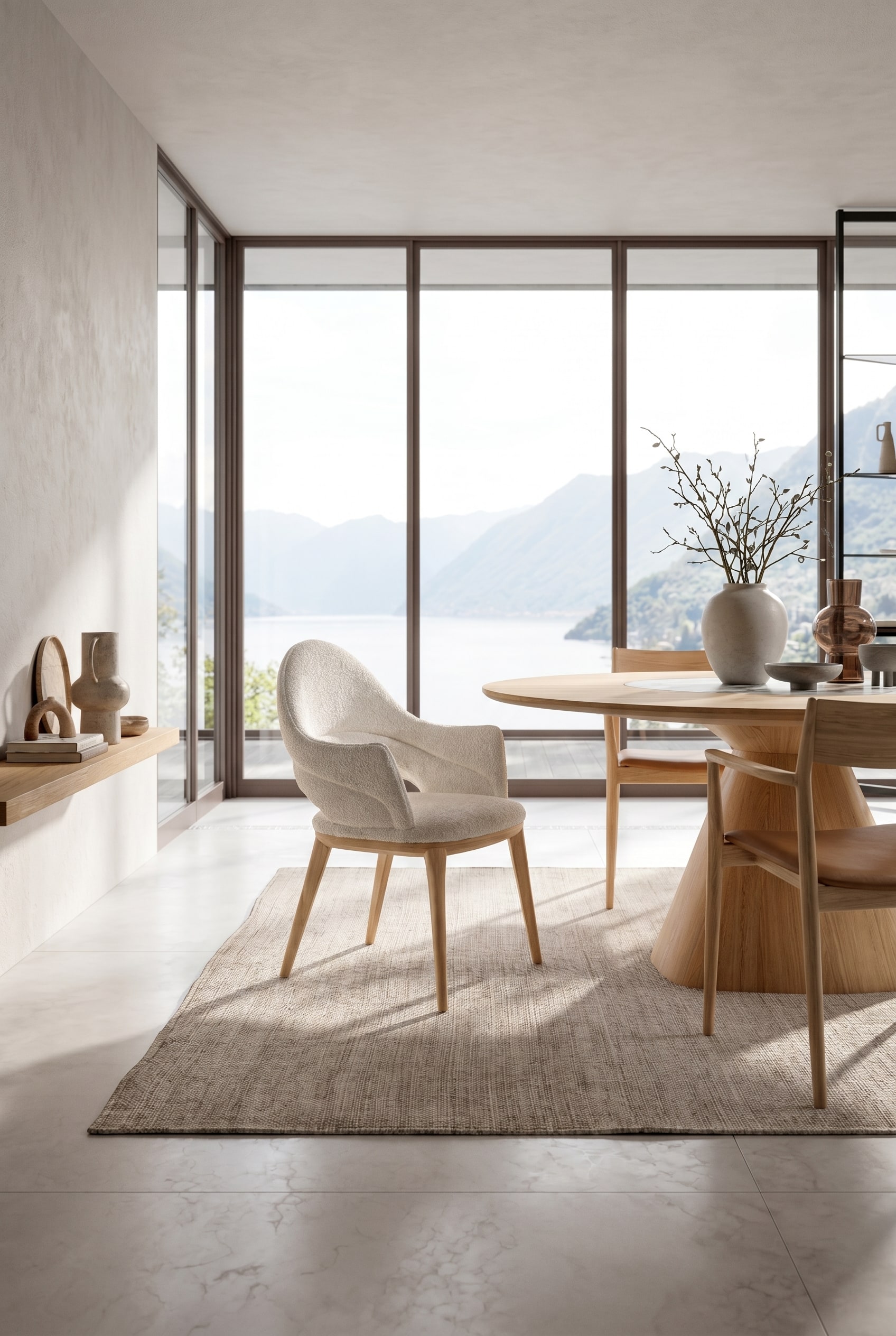 Bright dining room with Ozzio Baia chair in light boucle fabric at a round wooden table in natural light