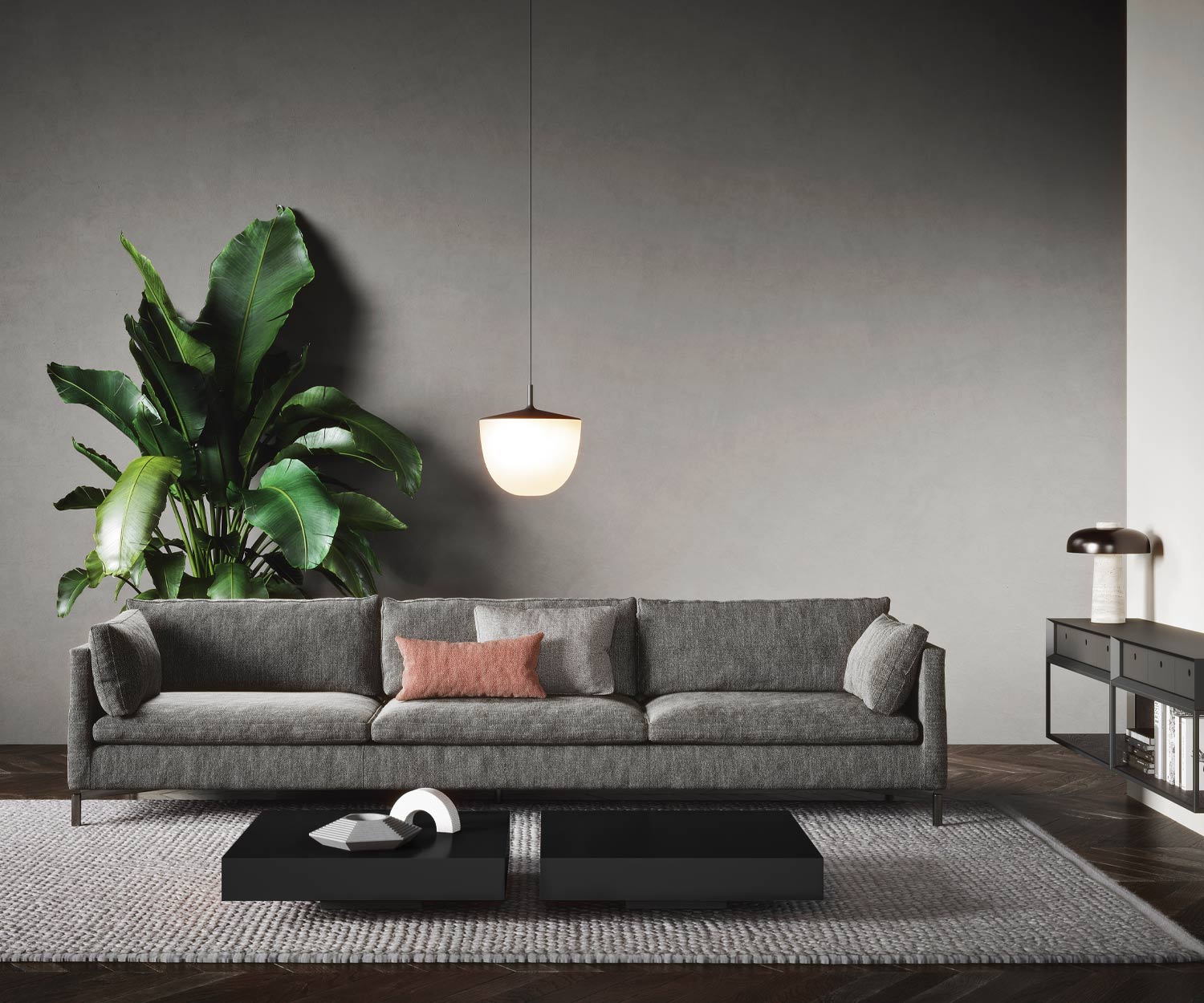 Living room designer coffee table shade in black matt in front of sofa Living room designer coffee table shade in black matt in front of sofa