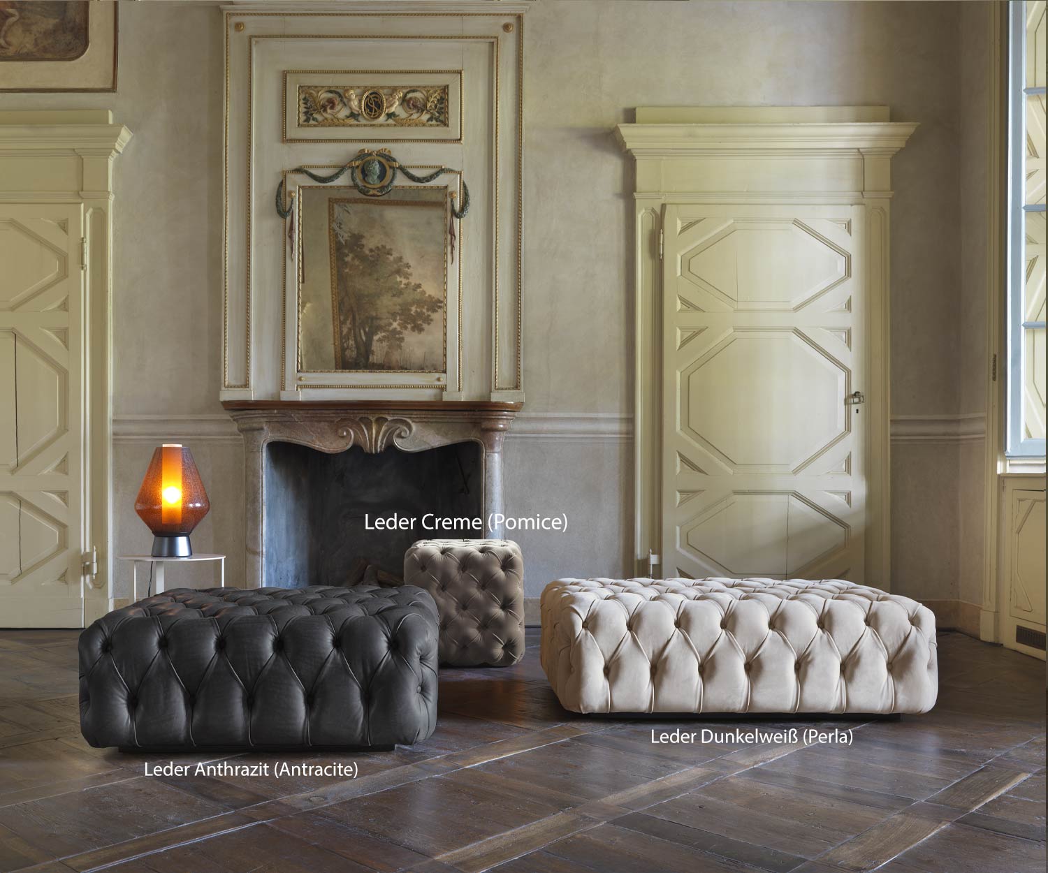 Exklusiver Marelli Design Hocker Matisse in Leder Creme Weiß mit Sofagruppe