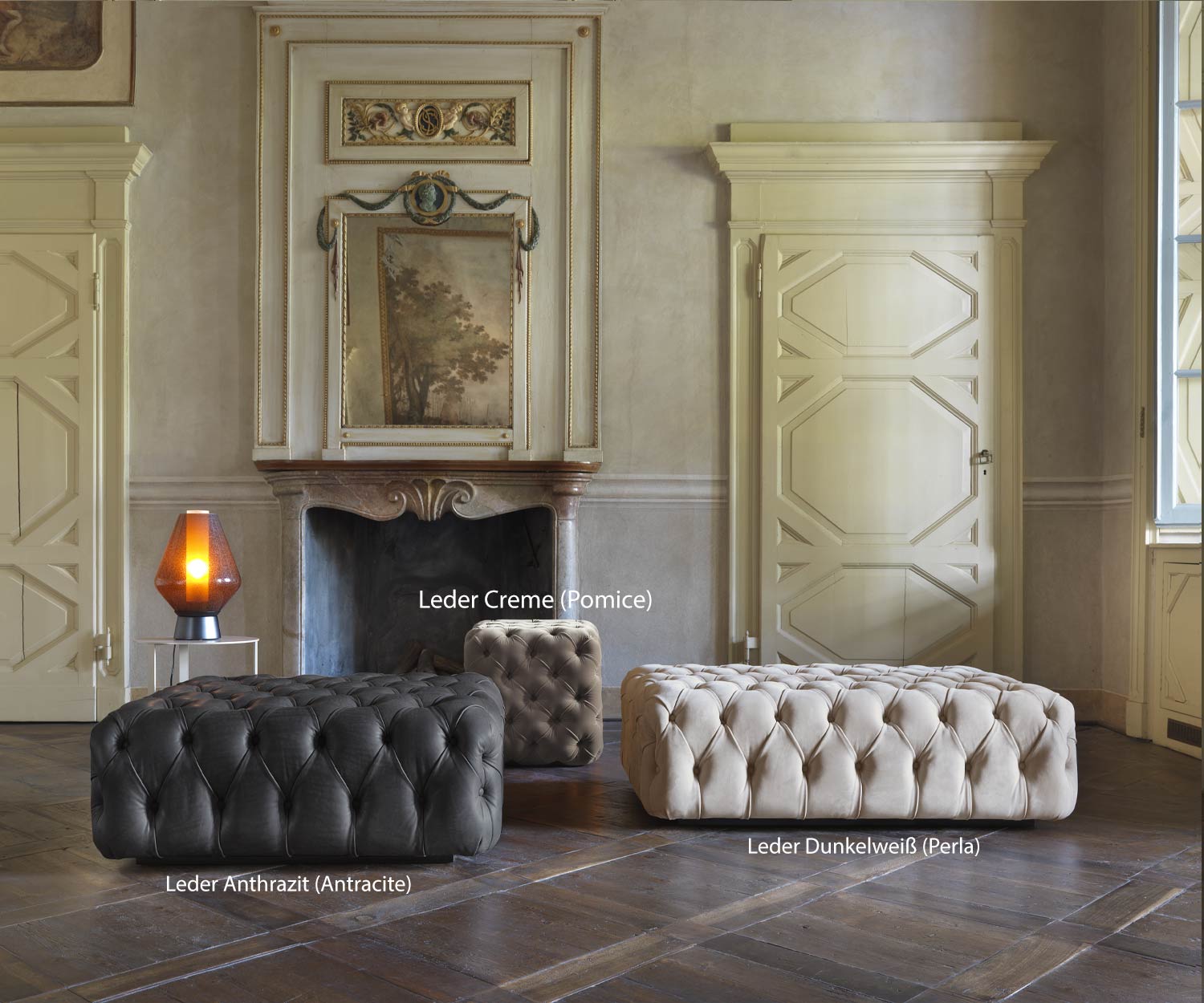 Exklusiver Marelli Design Hocker Matisse in Leder Creme Weiß mit Sofagruppe Exklusiver Marelli Design Hocker Matisse in Leder Creme Weiß mit Sofagruppe