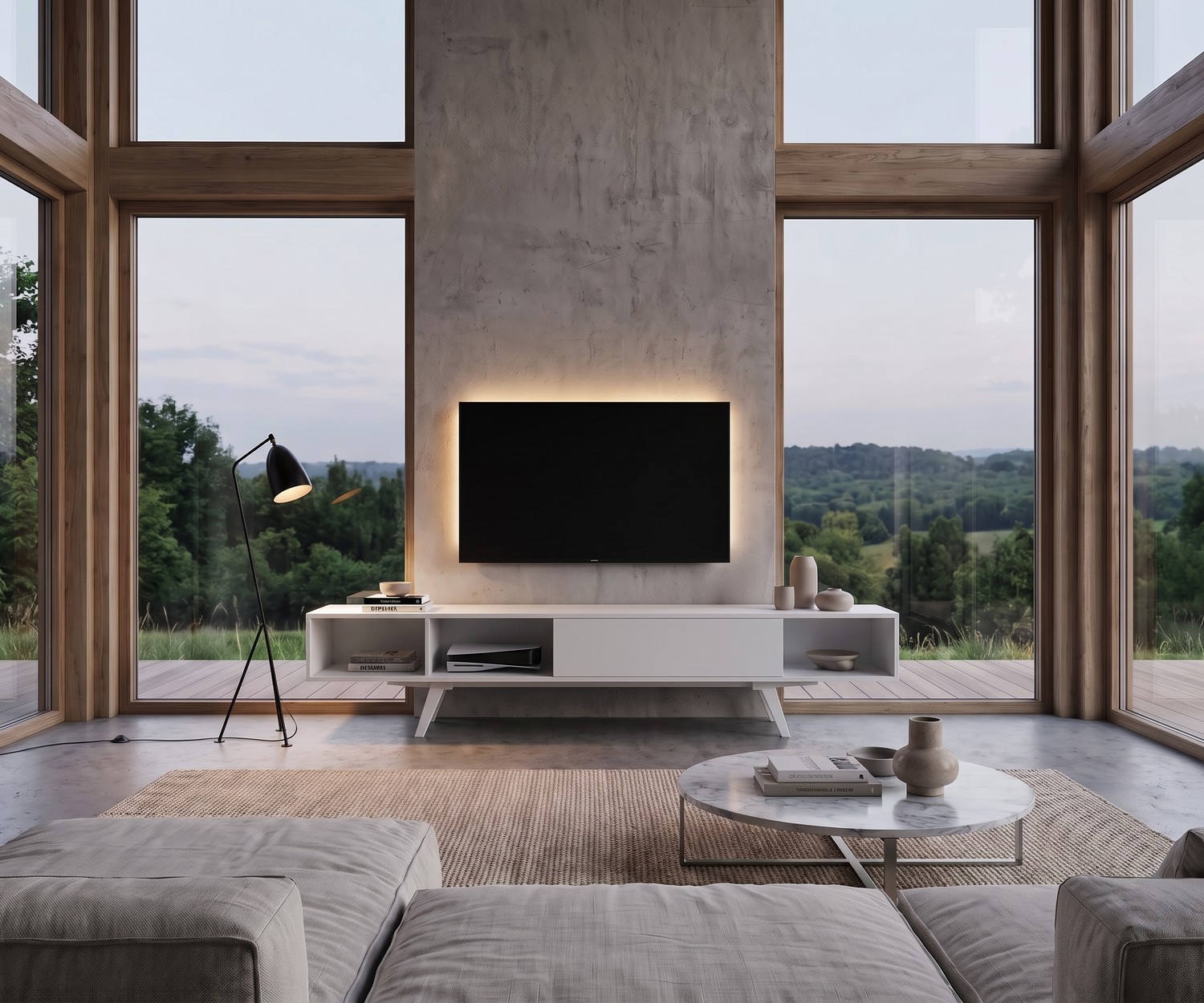 Modern white TV lowboard e-klipse 005 TV lowboard e-klipse 005 for the living room. Modern white media console unit under a wall-mounted television.
