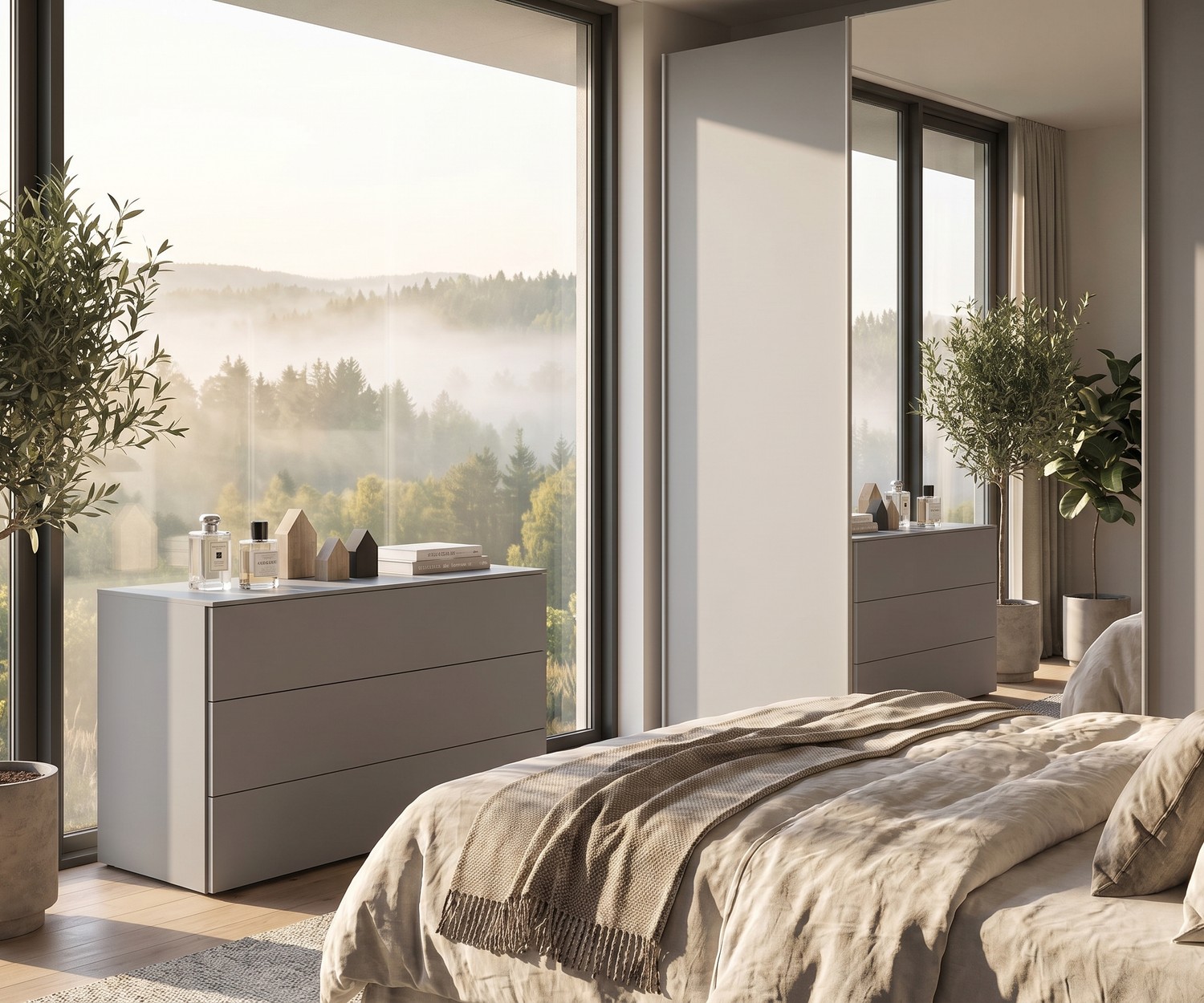 Schlichte Livitalia Atena Design-Kommode in Grau Livitalia Atena Kommode im Schlafzimmer, moderne graue Design-Kommode neben einem großen Panoramafenster.