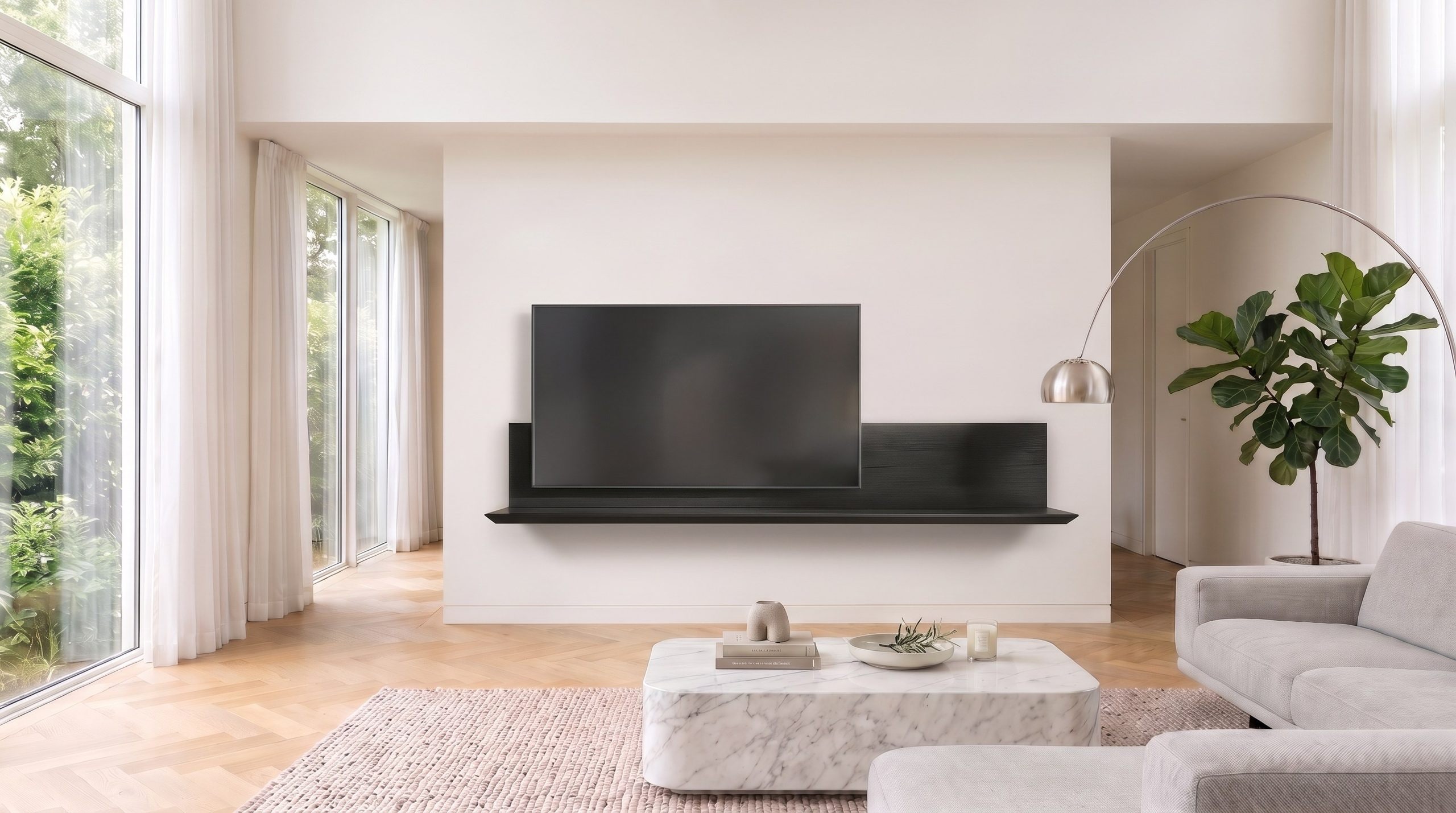 Livitalia TV wandboard in donkere houtlook met televisie aan lichte woonkamerwand