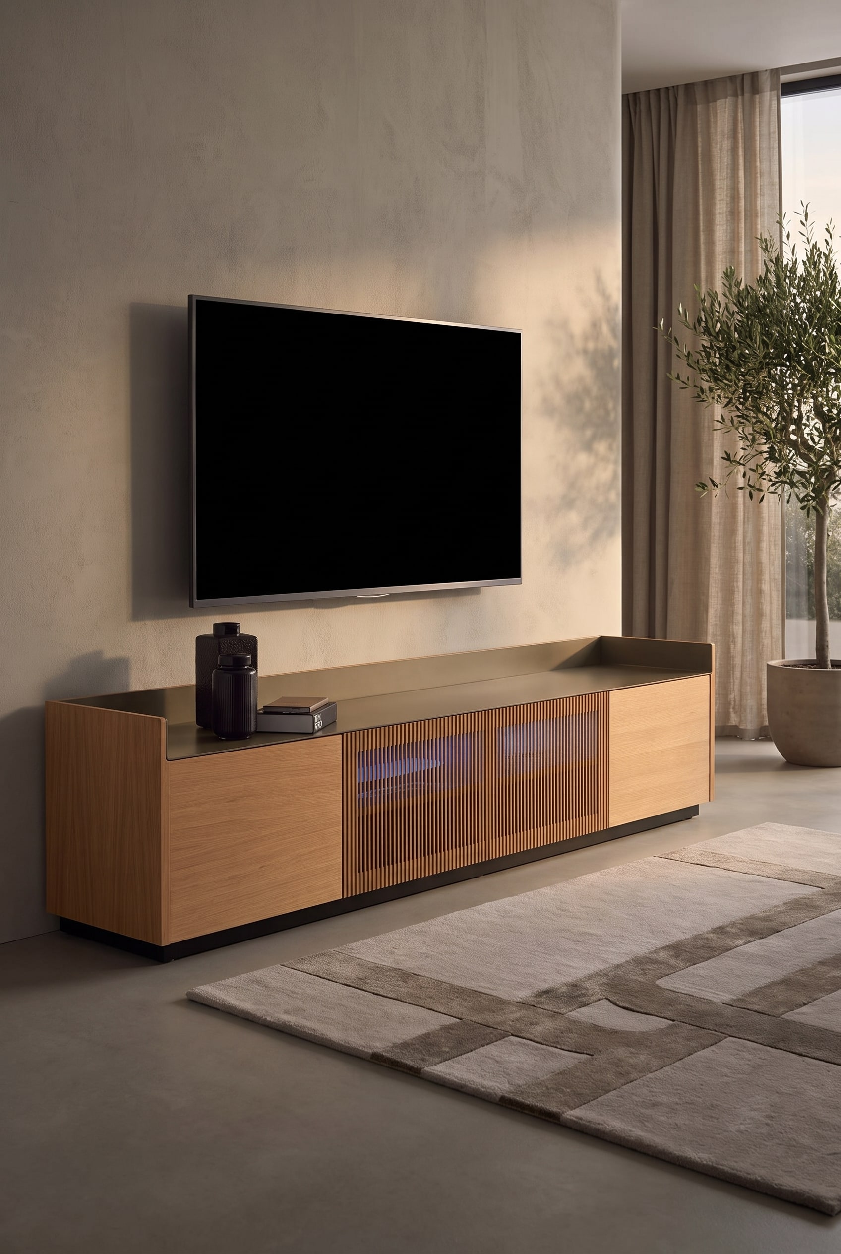A floor-standing TV lowboard with a continuous front made of vertical oak wood slats, through which a soft blue light shimmers.