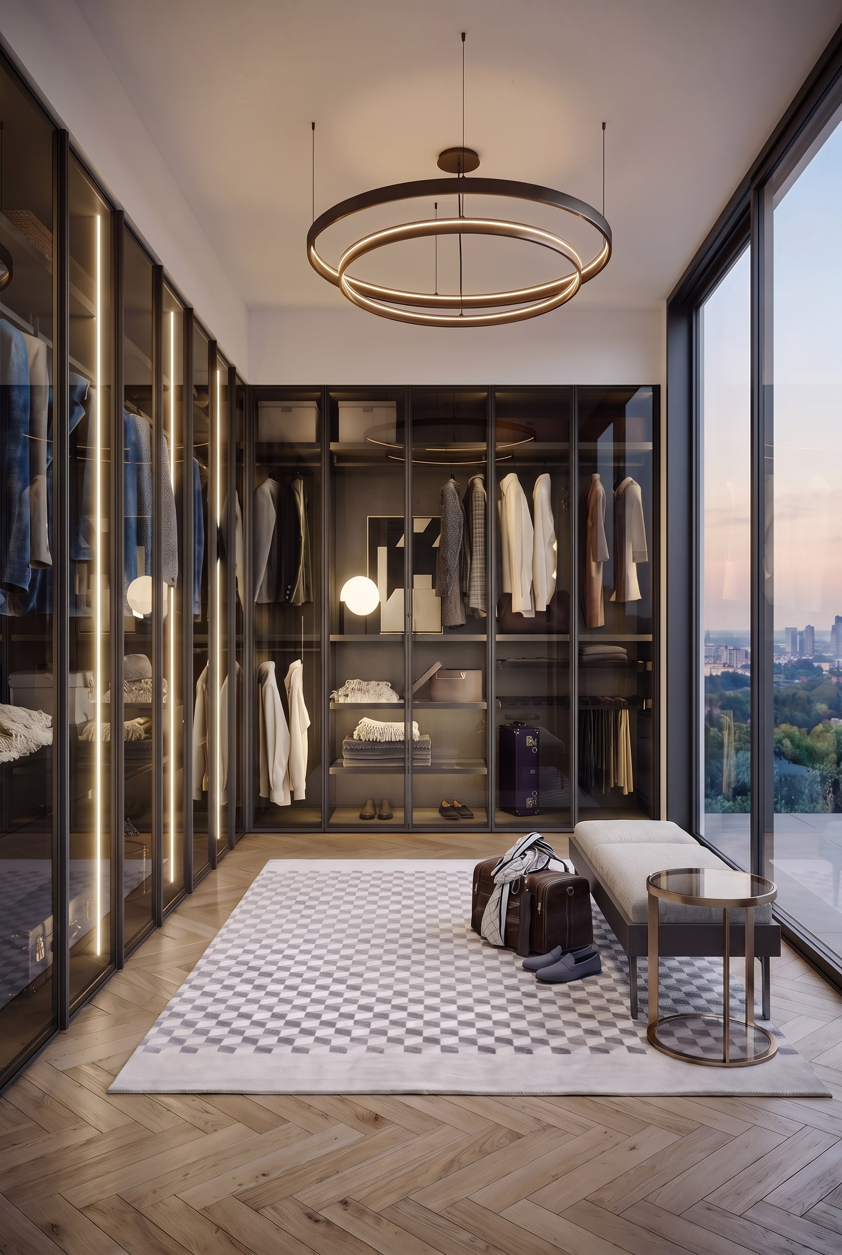Walk-in Novamobili Perry wardrobe with smoked glass fronts, a bench, and a geometric rug in a luxurious room with large windows.