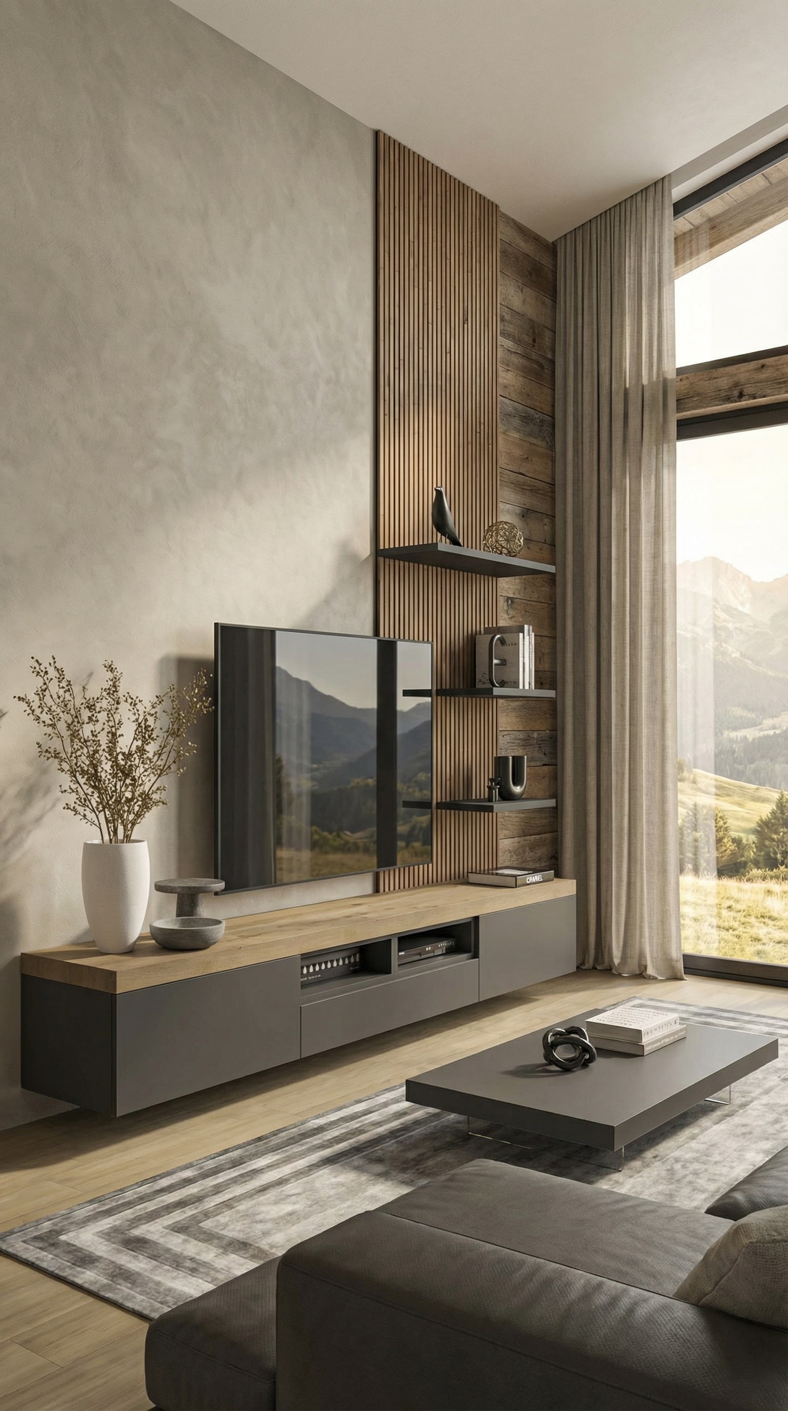 Modern matte lacquered lowboard with elegant wooden top in luxurious chalet style