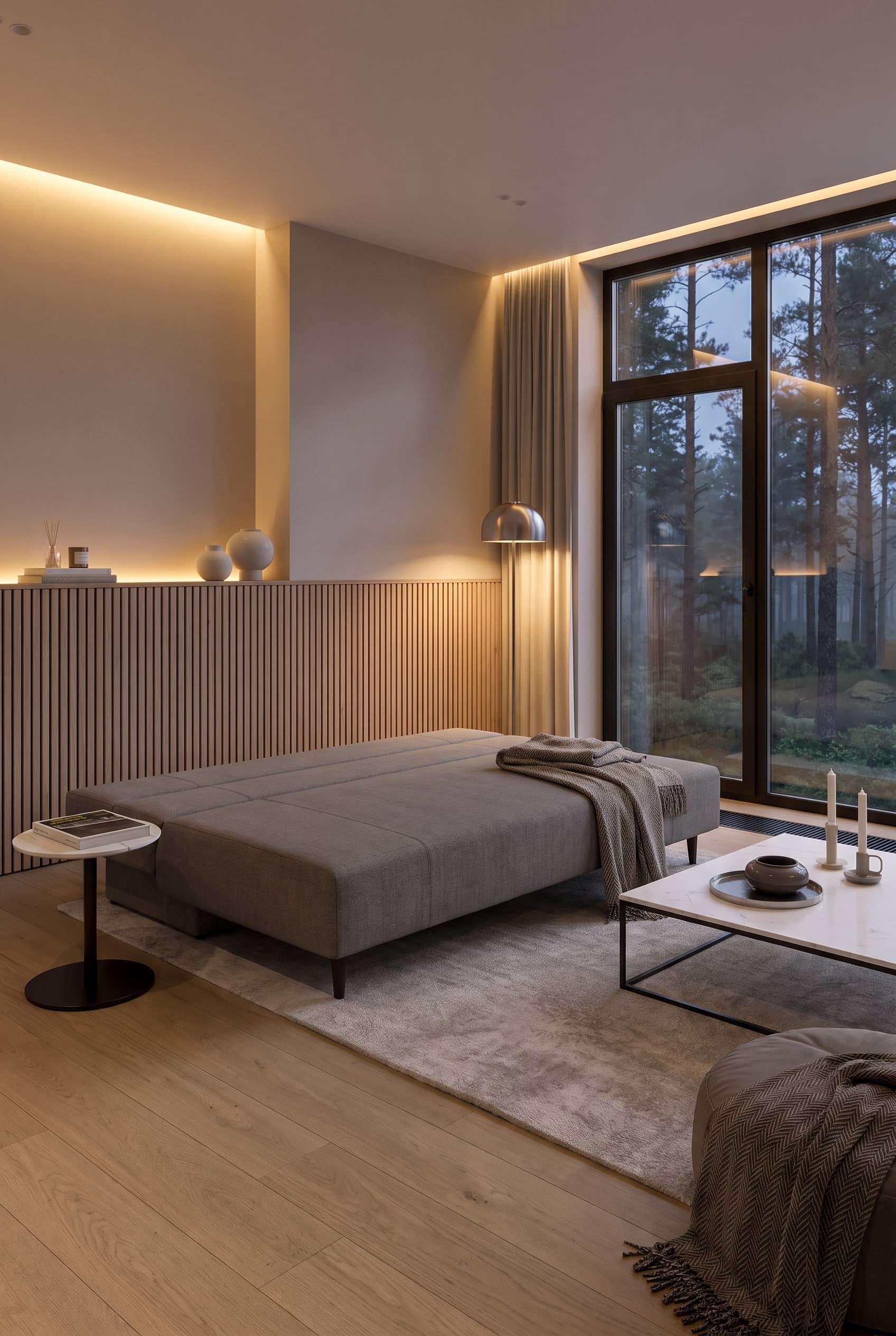 Lichte kamer met een elegante, strakke slaapbank in lichtgrijs en een kleine houten console