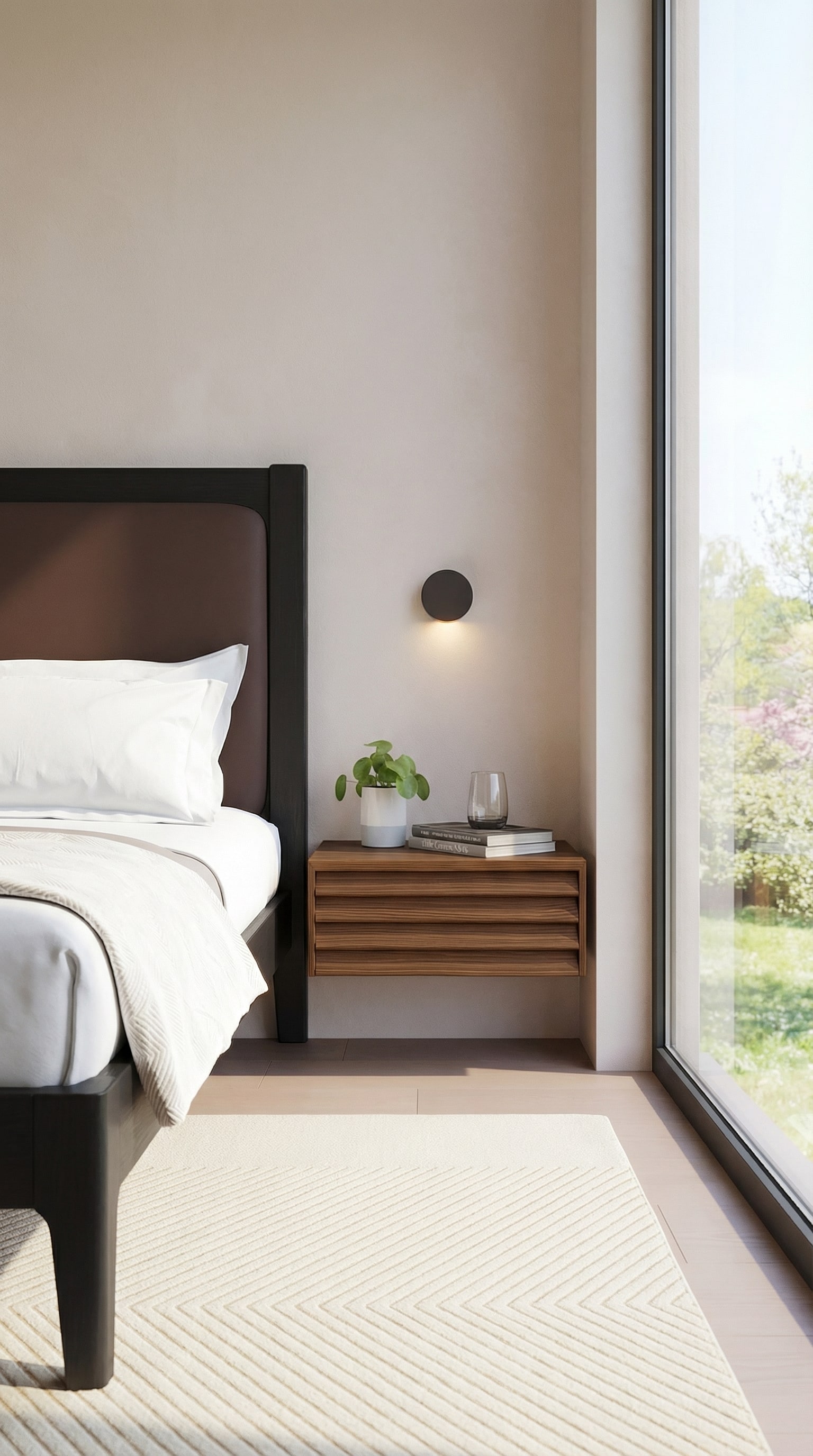 Schwebender Nachttisch aus dunklem Nussbaumholz neben einem gemütlichen Bett Schwebender Nachttisch aus dunklem Nussbaumholz neben einem gemütlichen Bett