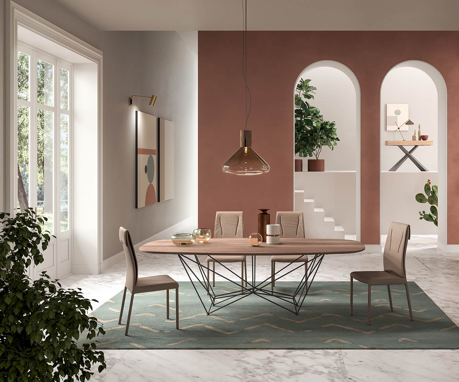 Moderner Design Esstisch ovale Tischplatte Walnuss Furnier im Esszimmer Moderner Design Esstisch ovale Tischplatte Walnuss Furnier im Esszimmer