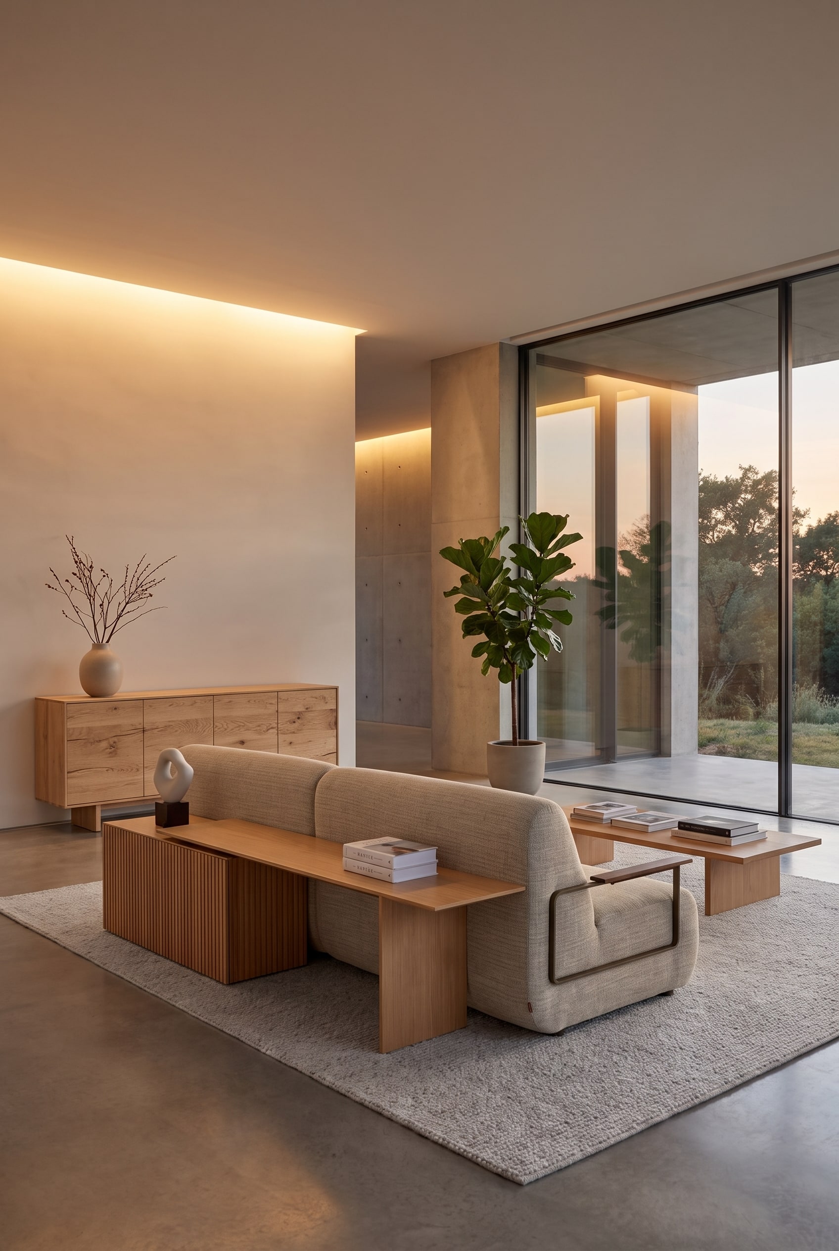 Dettaglio di una credenza moderna in rovere chiaro con lamelle verticali e venatura del legno opaca e spazzolata su un pavimento scuro.