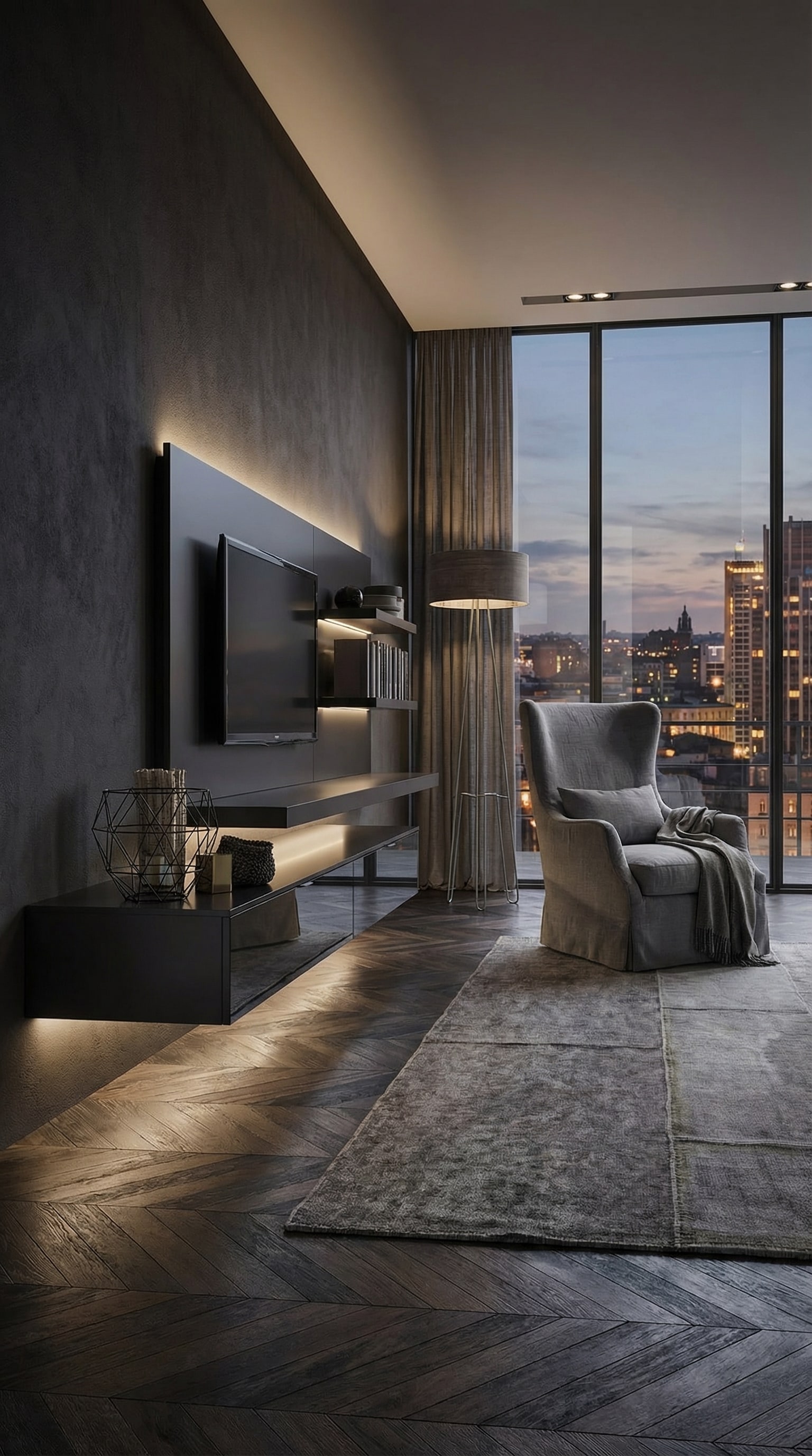 Meuble TV Livitalia C54 au design de luxe sombre avec des surfaces noires miroitantes et mates Meuble TV Livitalia C54 au design de luxe sombre avec des surfaces noires miroitantes et mates