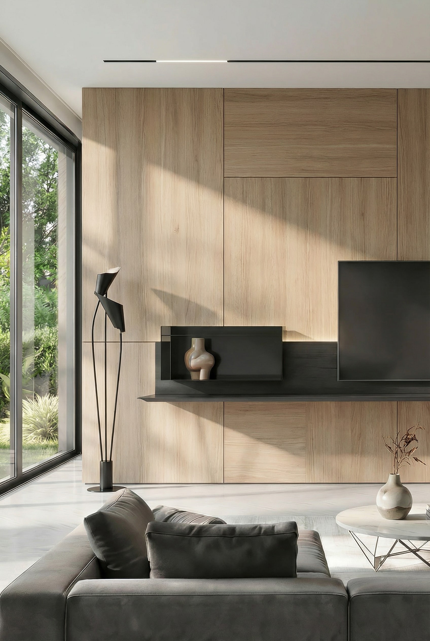 Asymmetrical TV wall board with staggered shelf levels