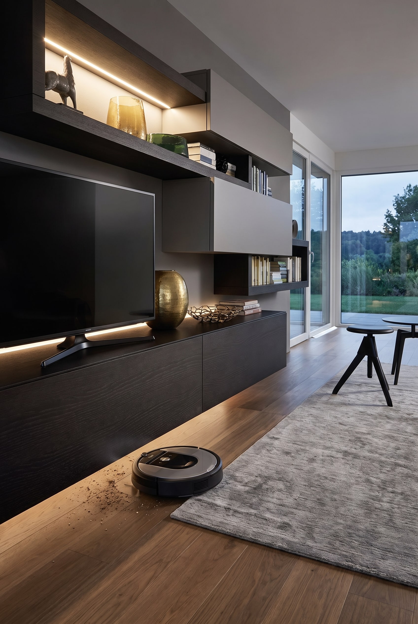 Un imponente mobile TV a terra poggia completamente su un parquet di rovere, mentre un robot aspirapolvere si ferma davanti e la polvere si accumula nella fessura verso la parete.