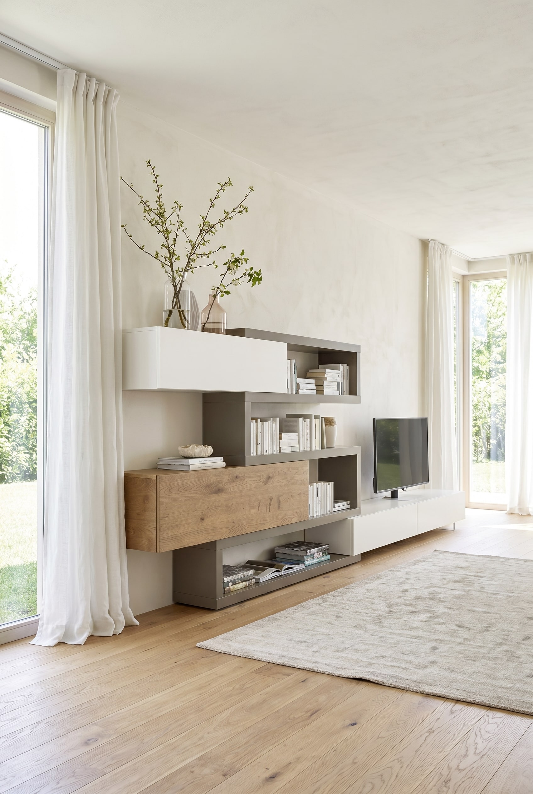Asymmetrical Corner Wall Unit in modern country house style with staggered levels and wood accents Asymmetrical Corner Wall Unit in modern country house style with staggered levels and wood accents