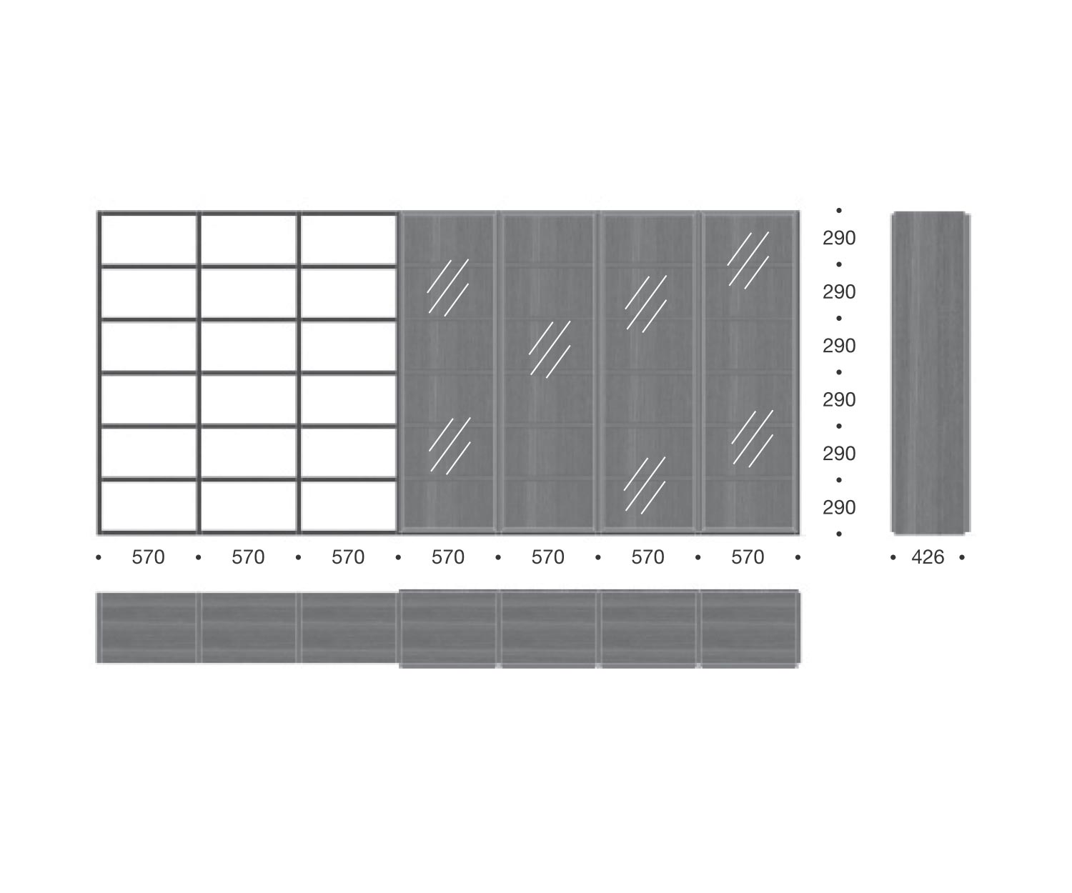 Design Bücherregal Glastüren Raumteiler Maße C91 Skizze Größen Größenangaben