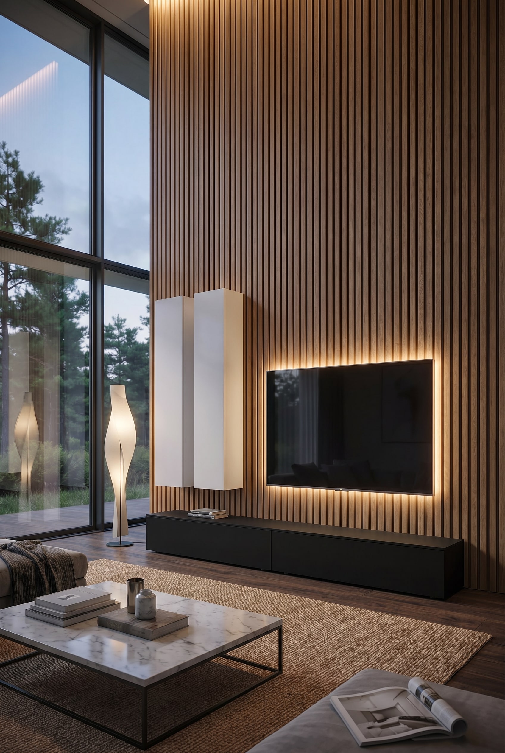 Woonkamer met benadrukte plafondhoogte door verticale eikenhouten lamellen, geflankeerd door een asymmetrische woonwand in zwart