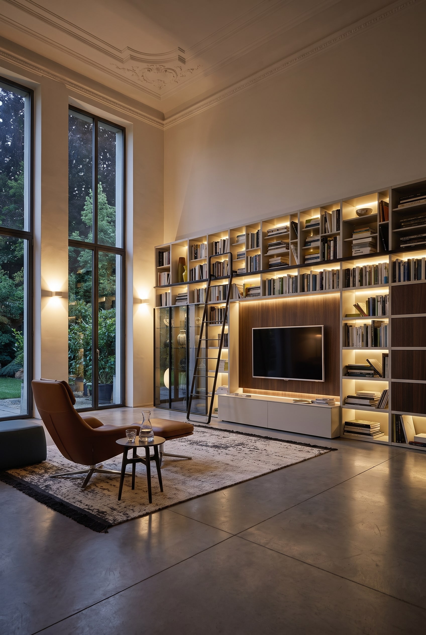 Elegant living room in an old building with a floor-to-ceiling custom-made bookshelf, metallic sliding ladder, and cozy reading nook