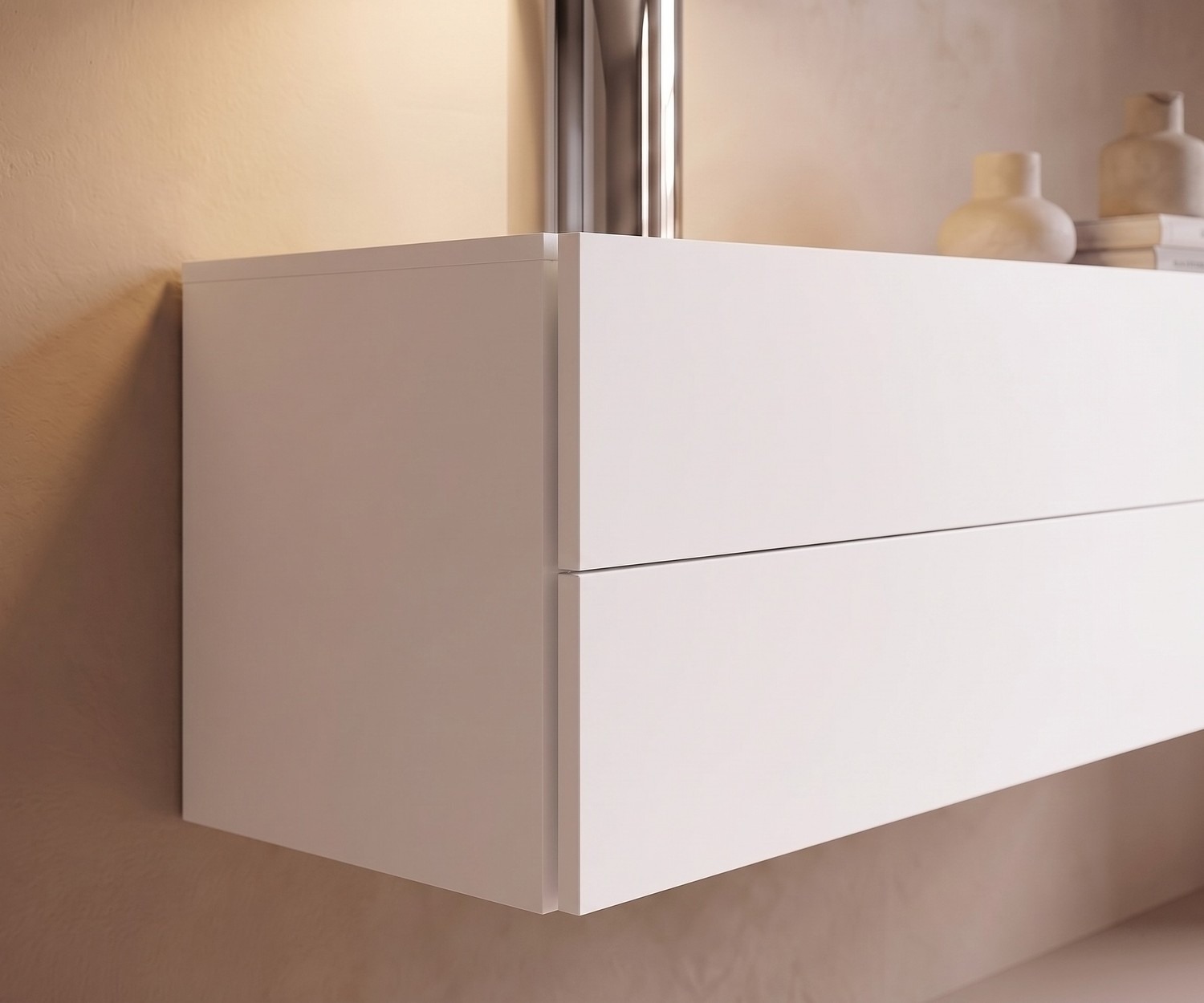 Novamobili Hängekommode Easy für das Schlafzimmer, weiß mattierter schwebender Nachttisch mit Schubladen im modernen Design.