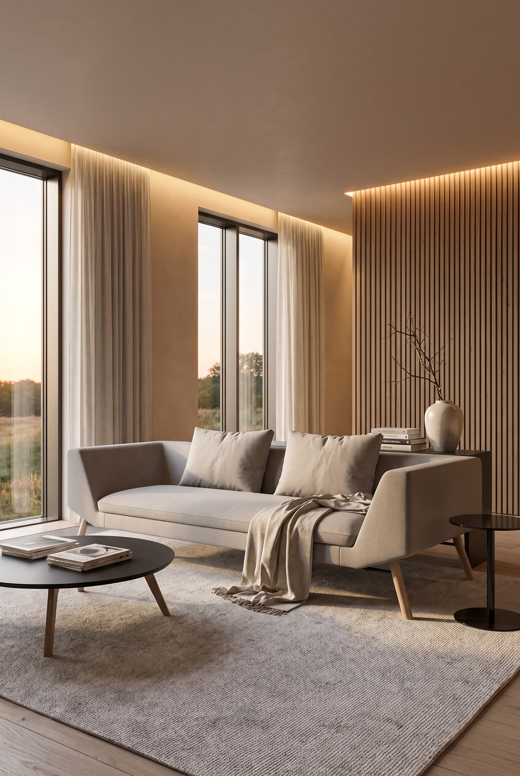 Modernes Wohnzimmer mit matten sandfarbenen Wänden, großen Fenstern und einem geradlinigen grauen Sofa auf Holzfüßen