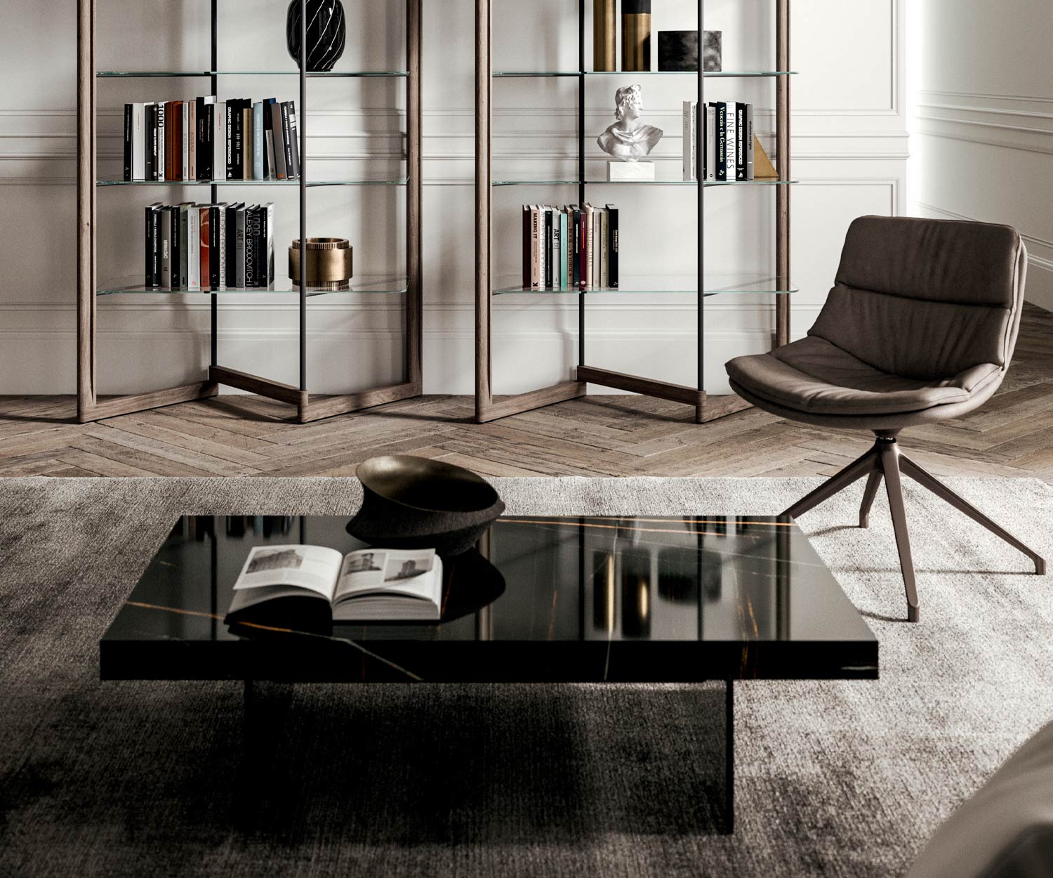 Schwarze Tischplatte Bellagio Couchtisch von Ozzio im Wohnzimmer geschlossen Schwarze Tischplatte Bellagio Couchtisch von Ozzio im Wohnzimmer geschlossen