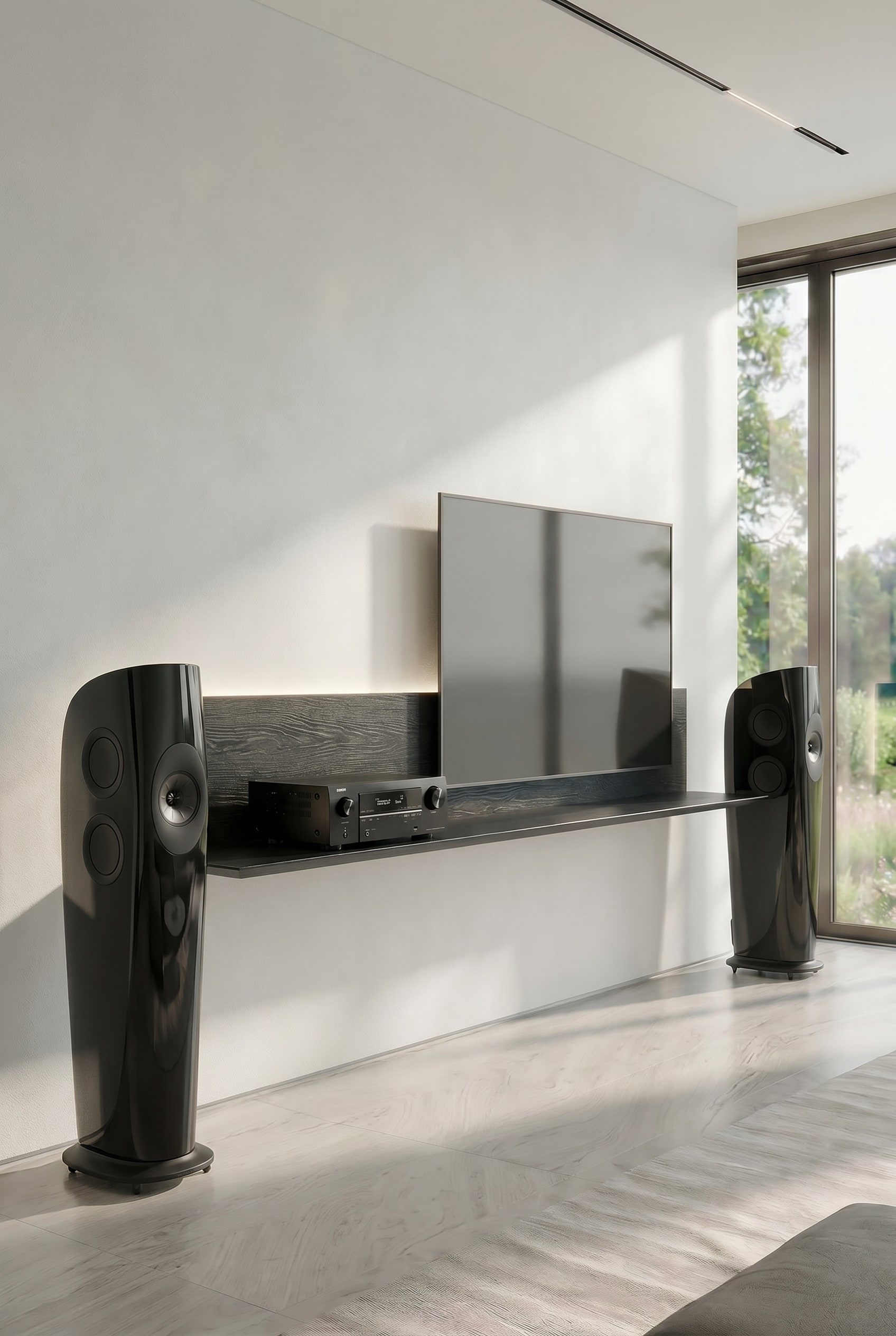 Lichte woonkamer met zwevend TV wandmeubel in zwart-eiken en verborgen AV-receiver vak