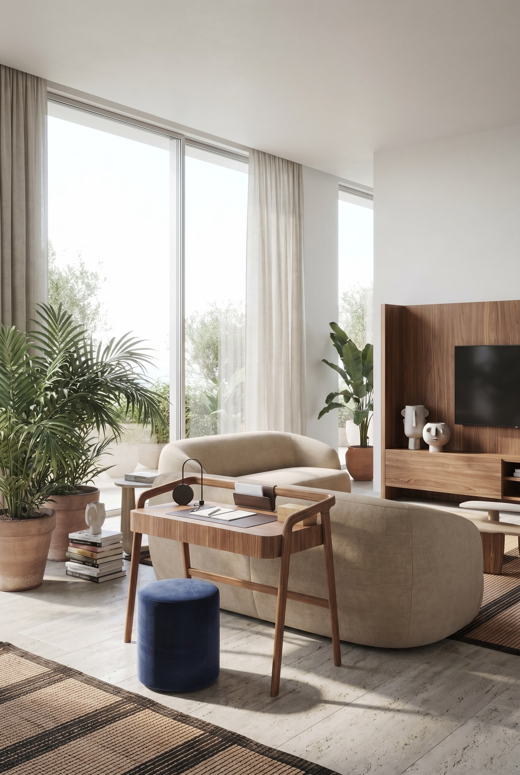 Soggiorno minimalista con elegante scrivania in legno di noce e sgabello imbottito beige