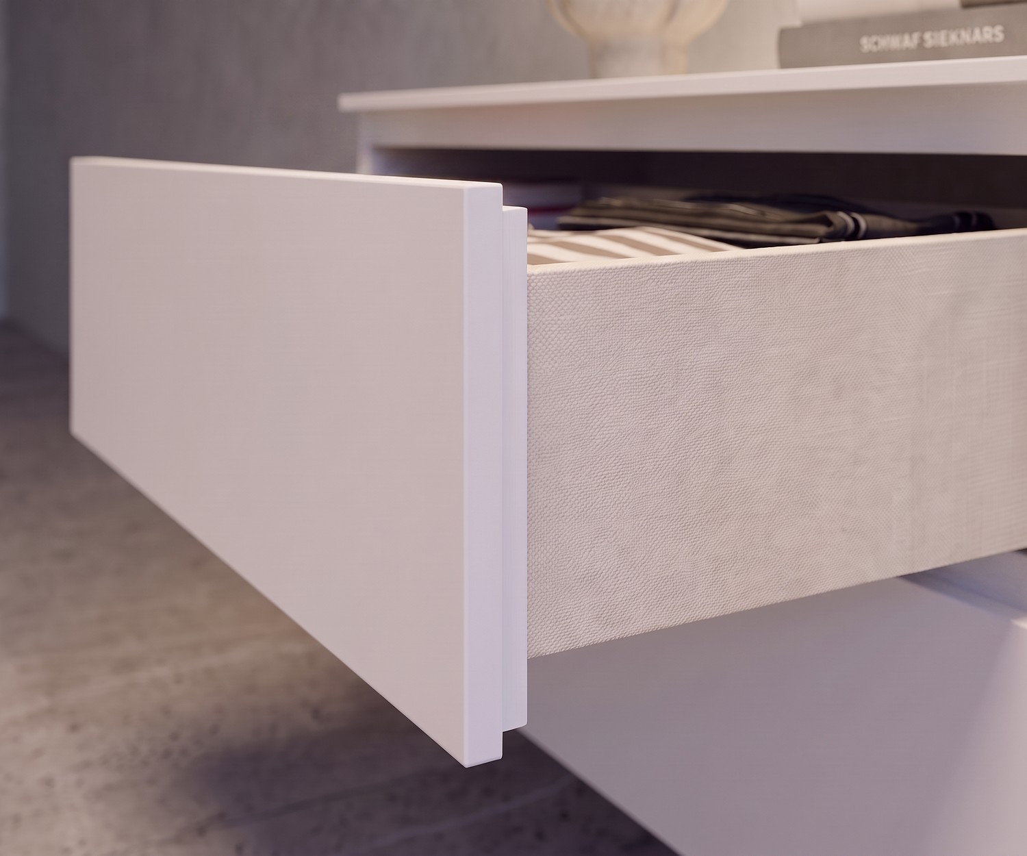 Hängekommode Easy mit Stoffeffekt-Schublade Novamobili Easy Hängekommode mit geöffneter Schublade, stilvolles Innenfutter in Stoffoptik, minimalistisches Design