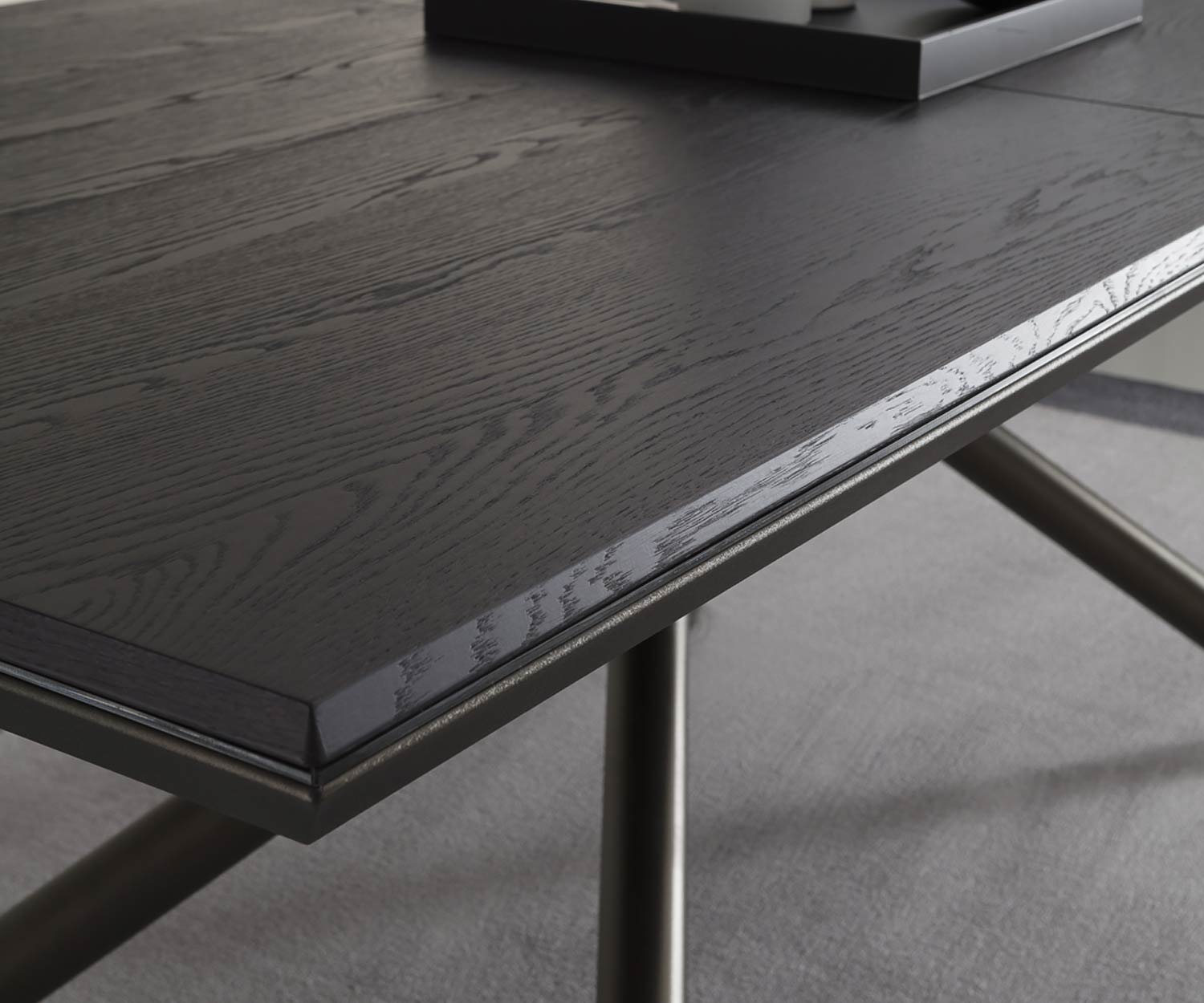 Design dining table detail edge corner finished with black carbon oak veneer