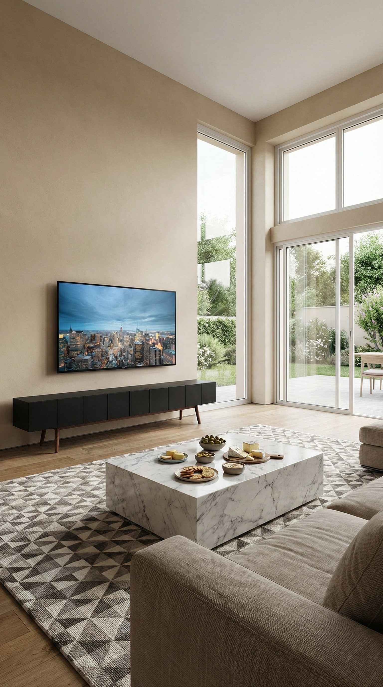Elegant al2 Lowboard MOS-I-KO in a spacious, beige living room