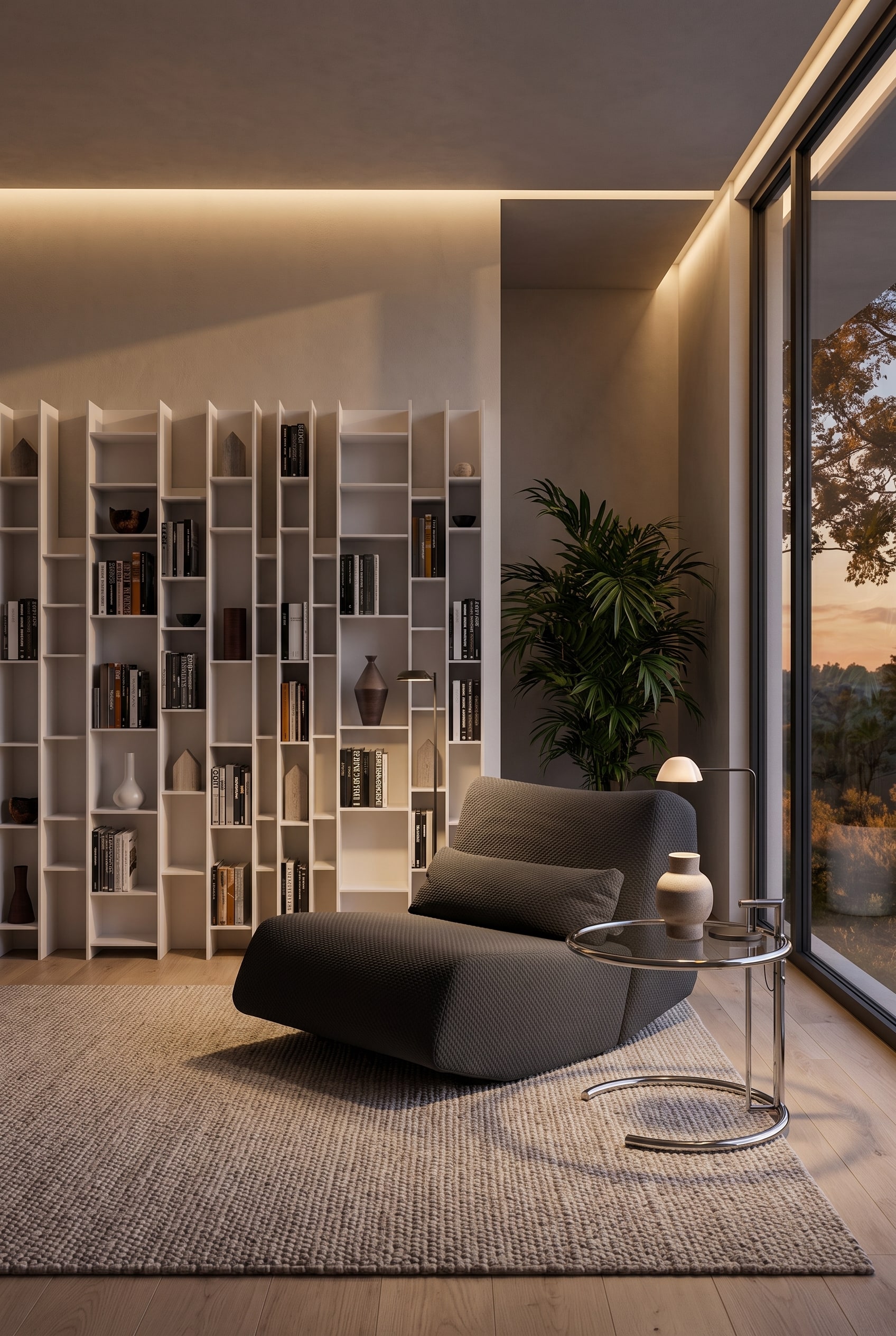 Una poltrona lounge moderna, dalla forma scultorea, accanto a un tavolino rotondo in vetro davanti a una libreria in legno massiccio.