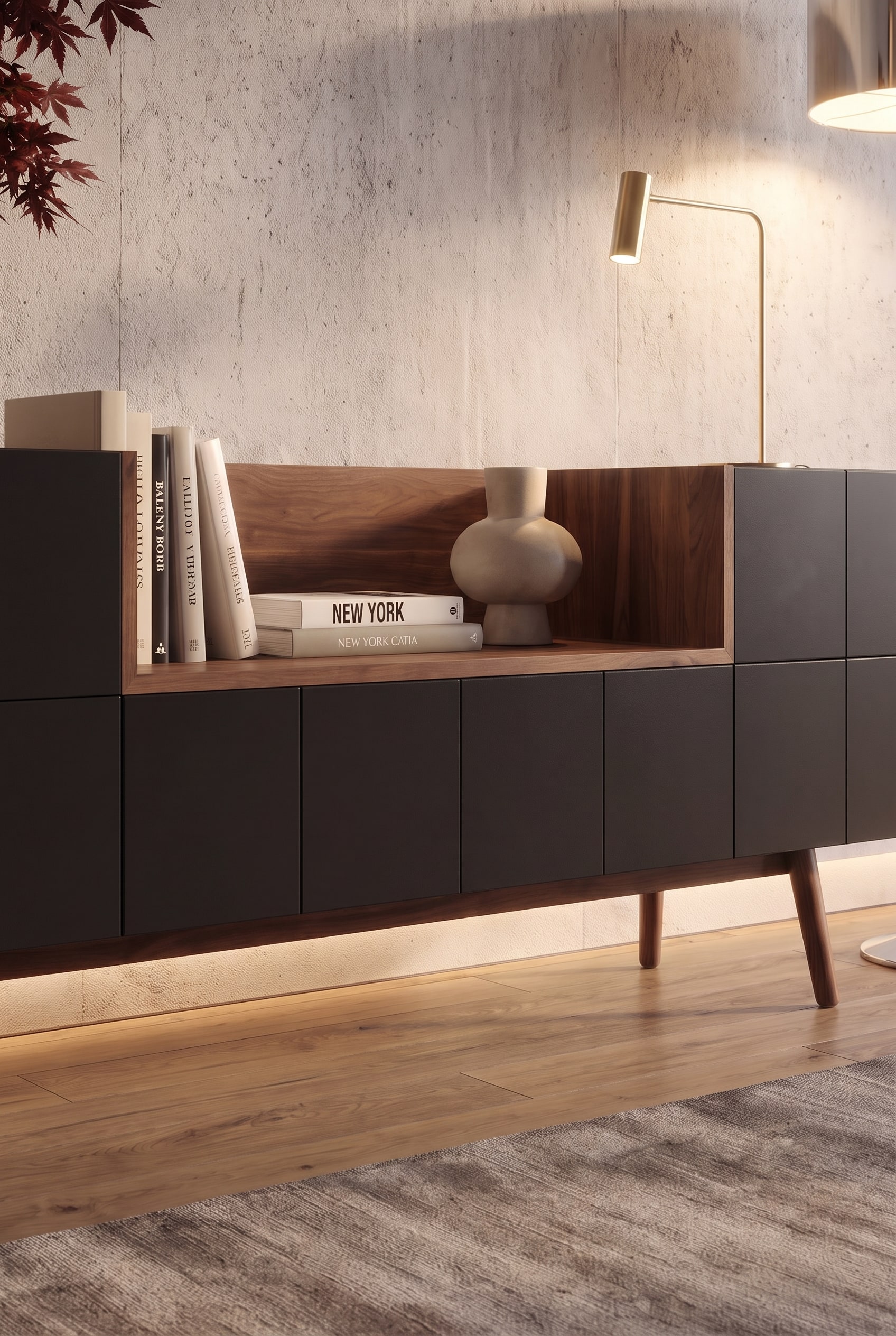 Close-up van het dressoir met boeken, keramische vaas en een ingeschakelde gouden tafellamp die het hout warm belicht.