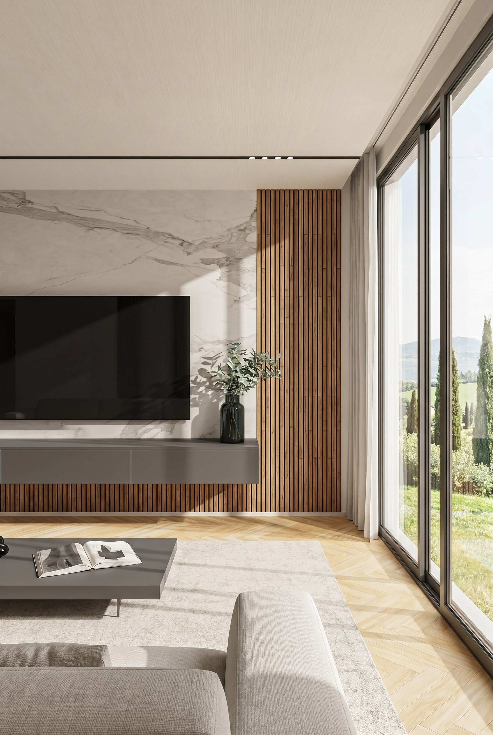 Elegante woonwand met verticale houten lamellen en licht keramisch oppervlak in het lentelicht