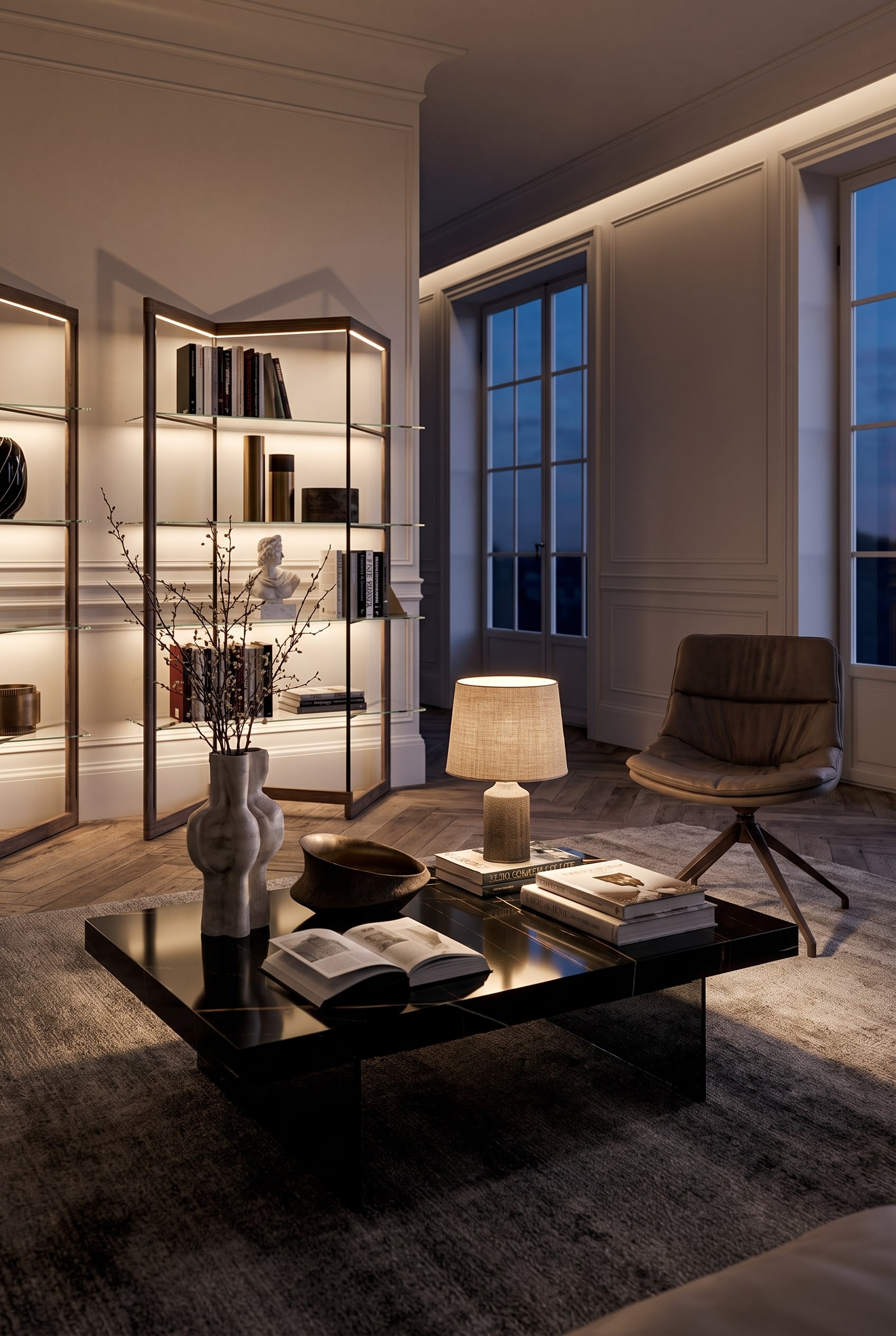 Een elegant gedecoreerde Ozzio Salontafel Bellagio in een moderne woonkamer, gearrangeerd met een hoge vaas, takken en een tafellamp.